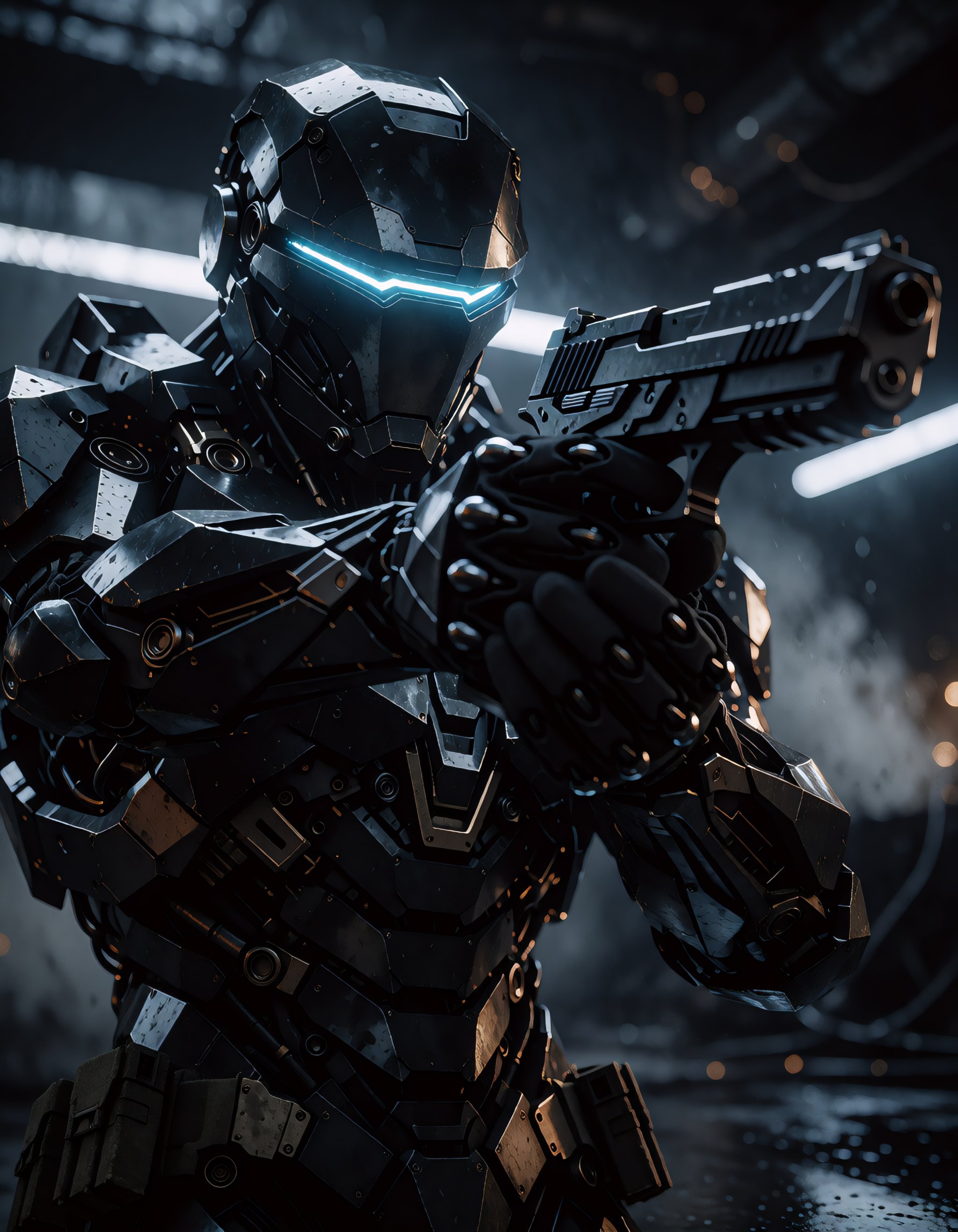 highly detailed cinematic photorealistic medium close-up of a fully armored tactical operative aiming a black pistol,  ver...