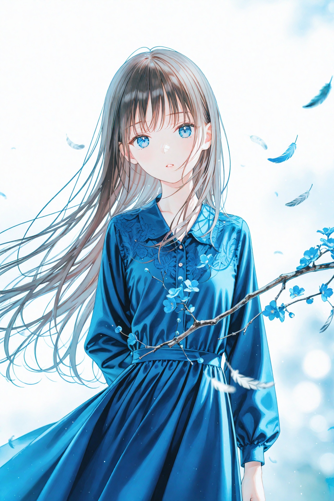 masterpiece,best quality,illustration,ultra detailed,hdr,Depth of field,(colorful),[iumu],[Artist chen bin],Artist hiten (hitenkei),feathers,solo,1girl,long hair,dress,looking at viewer,long sleeves,blurry foreground,brown hair,parted lips,white background,blue eyes,blurry,depth of field,blue dress,flower,blue theme,branch,