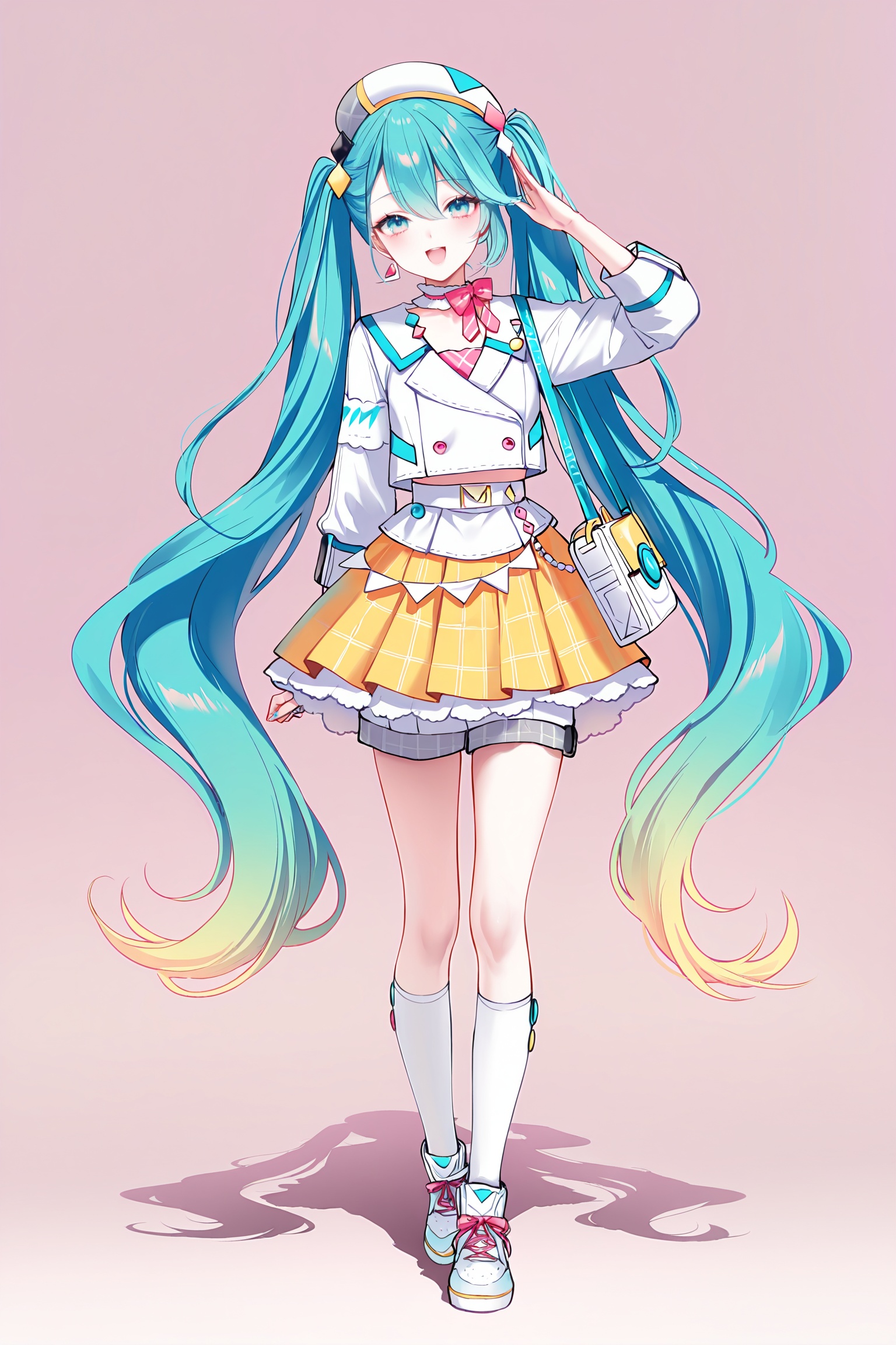 masterpiece,best quality,newest,absurdres,highres,soft shadows,photorealistic,(chen bin:0.5),(hiten \(hitenkei\):0.4),(rimuu:0.5),(mignon:0.5),(sheya:0.6),<lora:MMM2024XLNAI:1>,magical mirai miku \(2024\),shorts,sneakers,headwear,white shirt,yellow skirt,frilled skirt,white kneehighs,