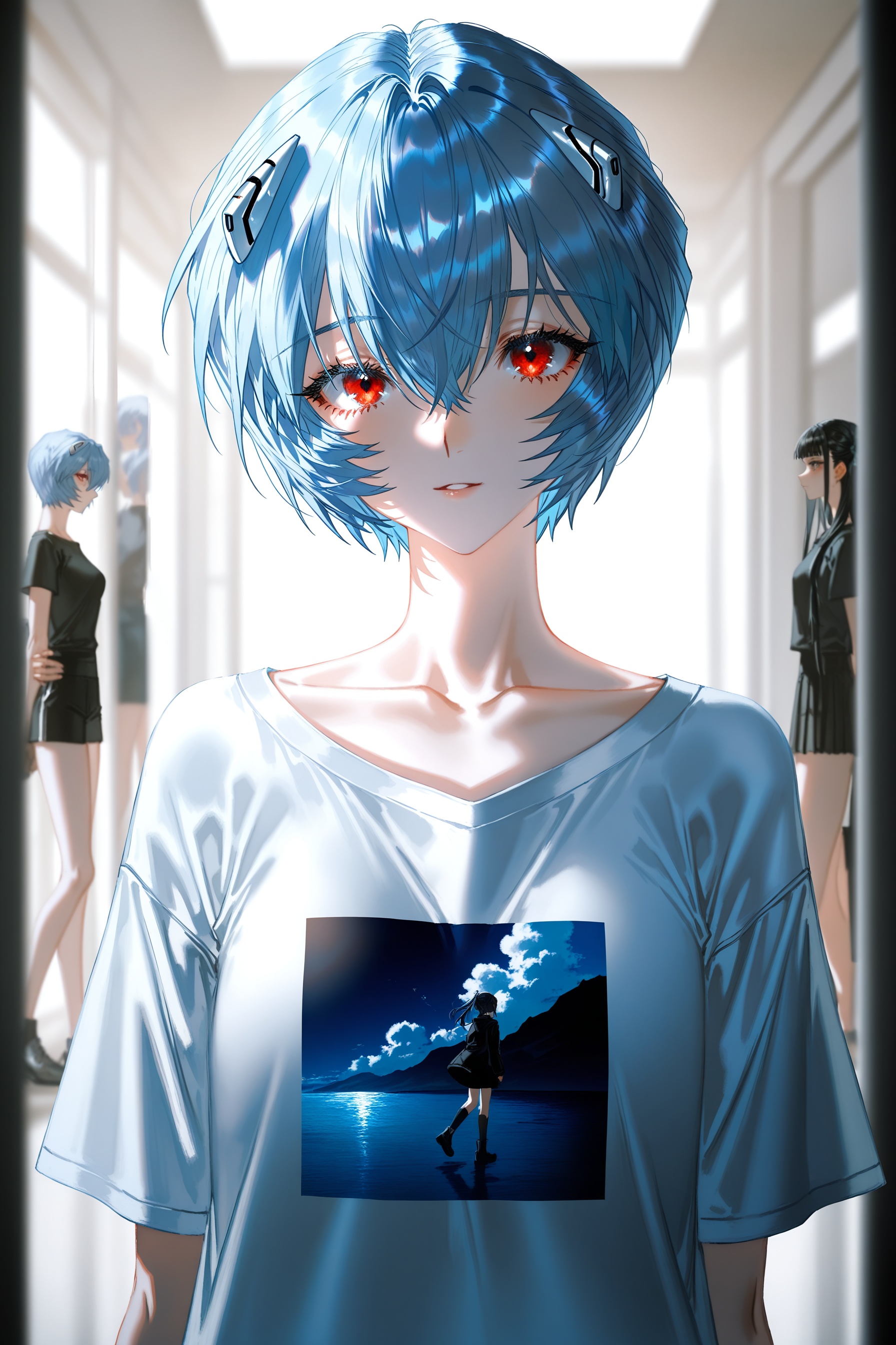 masterpiece,best quality,amazing quality,very awa,very aesthetic,absurdres,highres,high detail,detailed background,dynamic pose,ultra-detailed,beautiful face,beautiful eyes,depth of field,film grain,1girl,solo,eyelashes,collarbone,light smile,(alternate costume:1.3),parted lips,looking at viewer,wide shot, jacket,t-shirt,(aestivation:0.4),(nasii:0.4),(toosaka asagi:0.4),(atdan:0.4),(artist:quasarcake:0.8),(iumu:0.72),(wlop:0.72),Ayanami Rei,