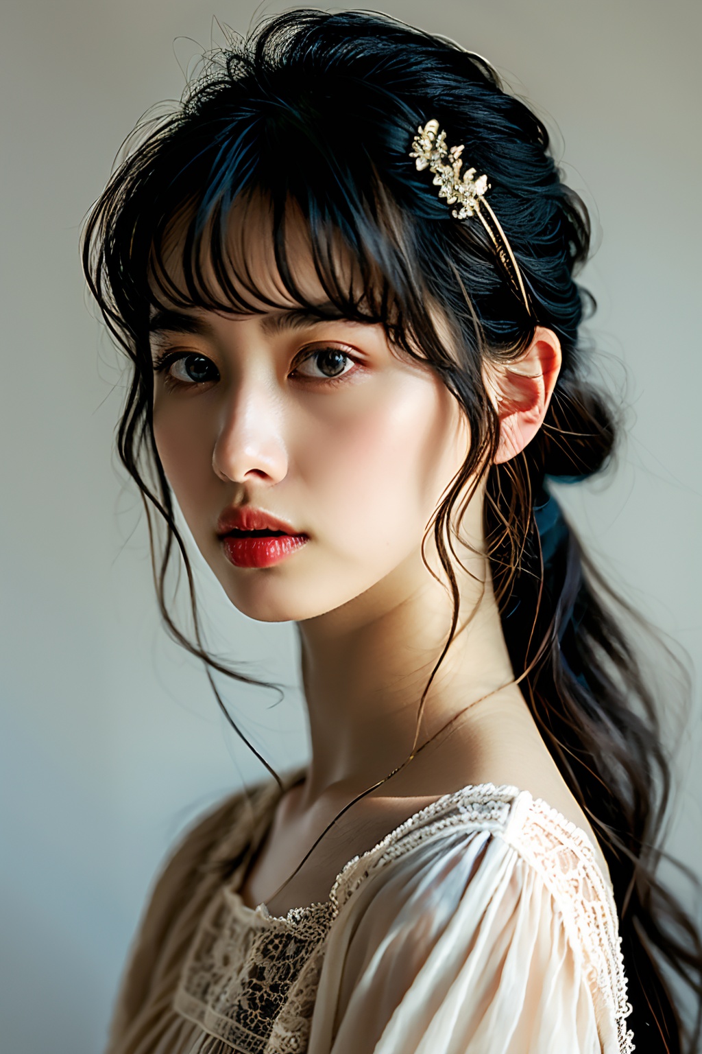 1girl,solo,long hair,hairband,looking at viewer,jewelry,realistic,upper body,grey background,bangs,simple background,blonde hair,