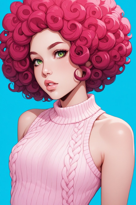 masterpiece, best quality, aesthetic, solo, 1girl, upper_body, simple_background, sleeveless, curly_hair, pink_hair, parted_lips, afro, lips, green_eyes, looking_at_viewer, bare_shoulders, blue_background, sweater