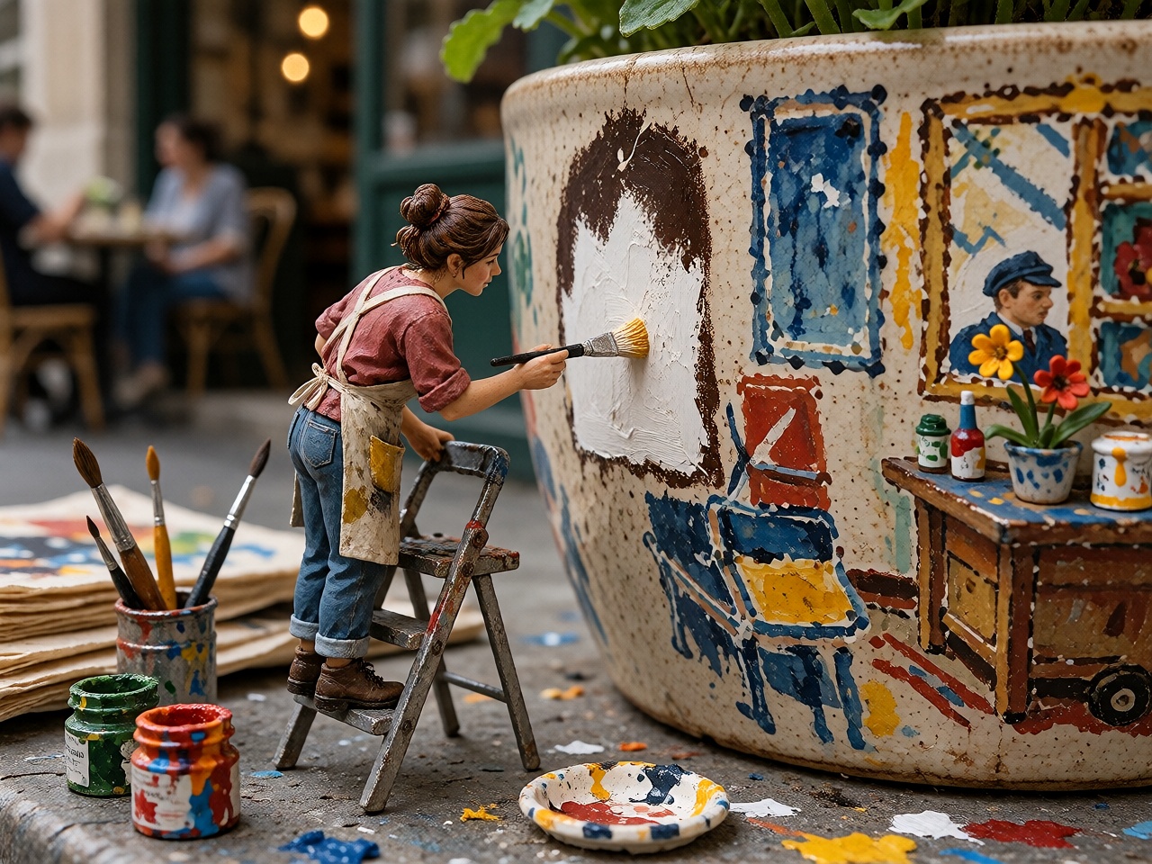 Close-up macro photograph of a tiny painted miniature woman standing on a miniature stepladder,  carefully painting a colo...