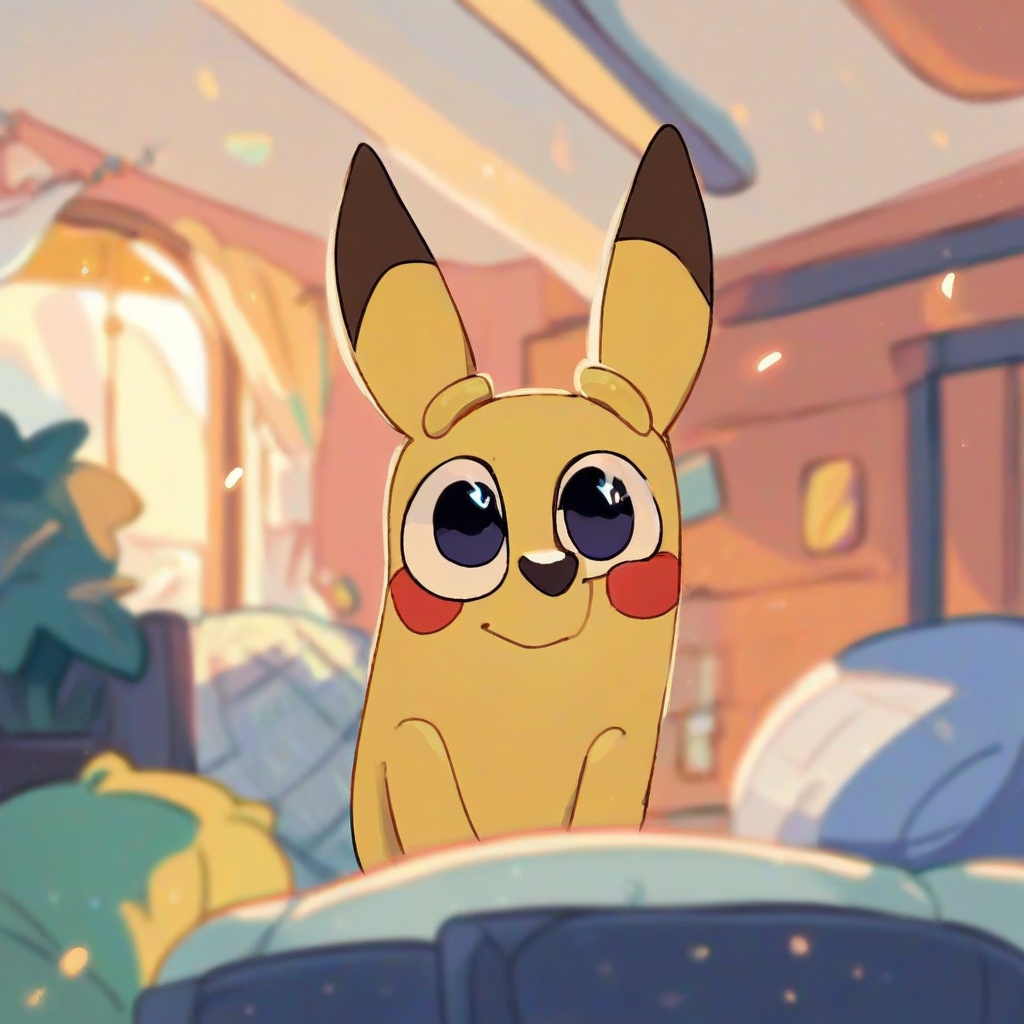 safe_pos, score_9, score_8_up, score_7_up, score_6_up, score_5_up, score_4_up, source_furry, hi res, bedroom, blurred background, particles, solo, Pikachu, looking at viewer, closed mouth, Bluey style, cute