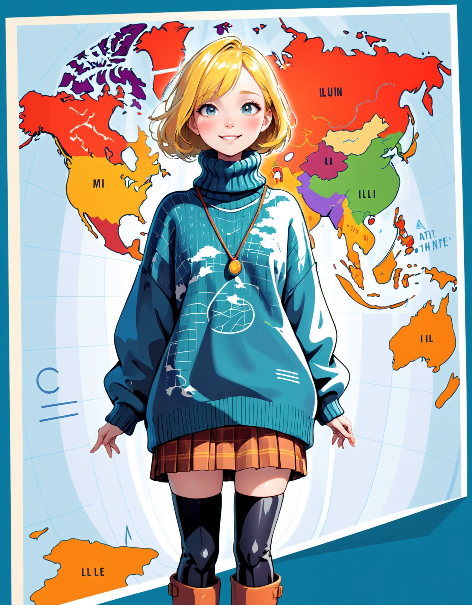 Image type of illustration:A cheerful weather presenter,  styled with a high-necked oversized sweater,  standing confident...