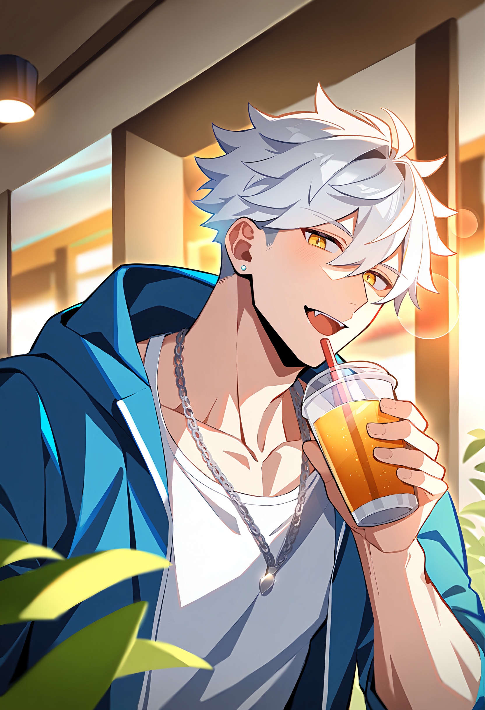 1boy,  male focus,  holding drink on Tensor.Art