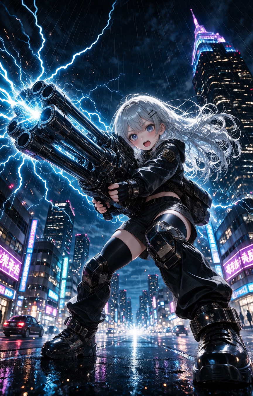 Anime movie screenshot of a small girl with long silver hair and neon edge-lighting aiming a giant multi-barrel electric c...
