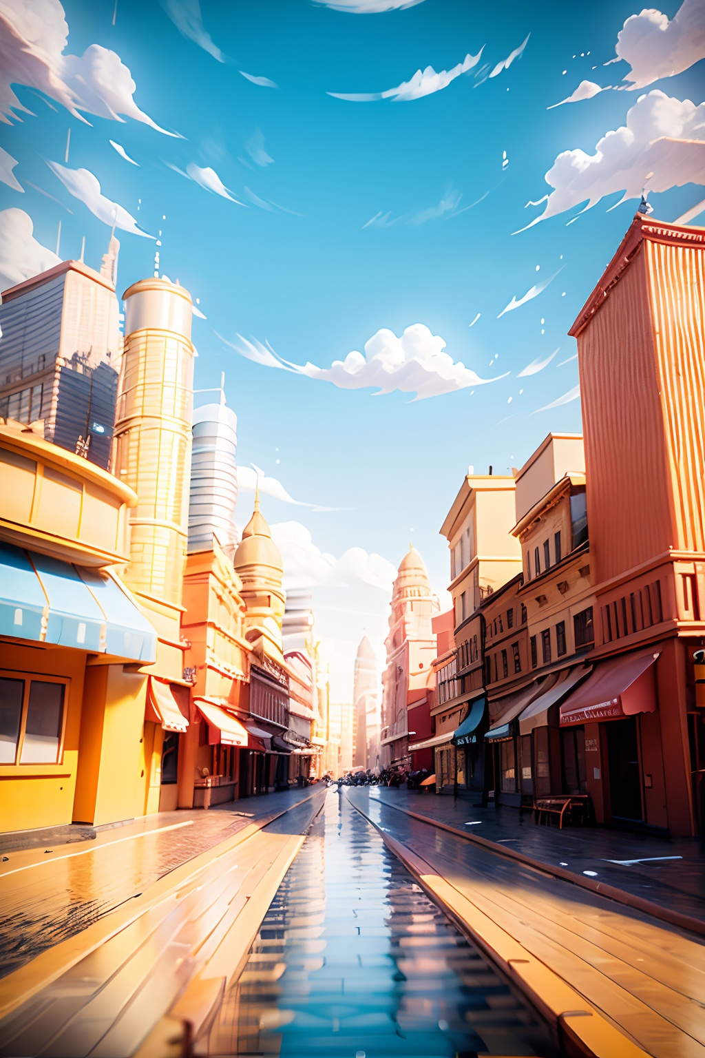 amazing,\(best quality:1.2\),Best quality,still life,3d scene,outdoors,sky,day,cloud,blue sky,no humans,sunlight,building,scenery,city,sun,cityscape,skyscraper,tower,