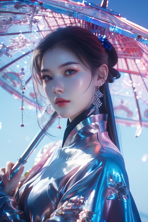 a beauty,light pink,colorful,dopamine,Cyberpunk beauty,, umbrella,<lora:20240218-1708234260649:0.7>, <lora:lora_美女大胸写实:0.4>, <lora:meinv123:0.6>
