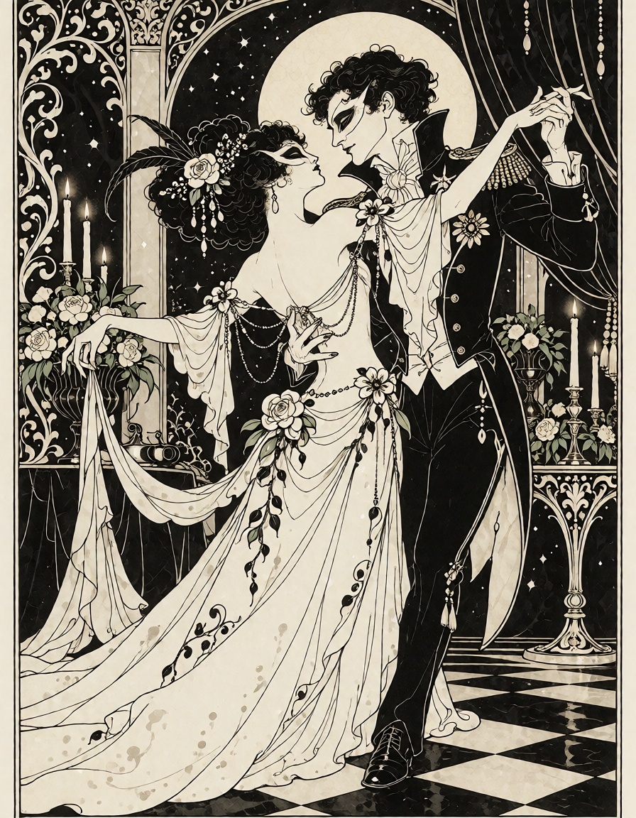 A masked aristocratic couple dancing inside a surreal moonlit ballroom,  Aubrey Beardsley inspired pen and ink illustratio...