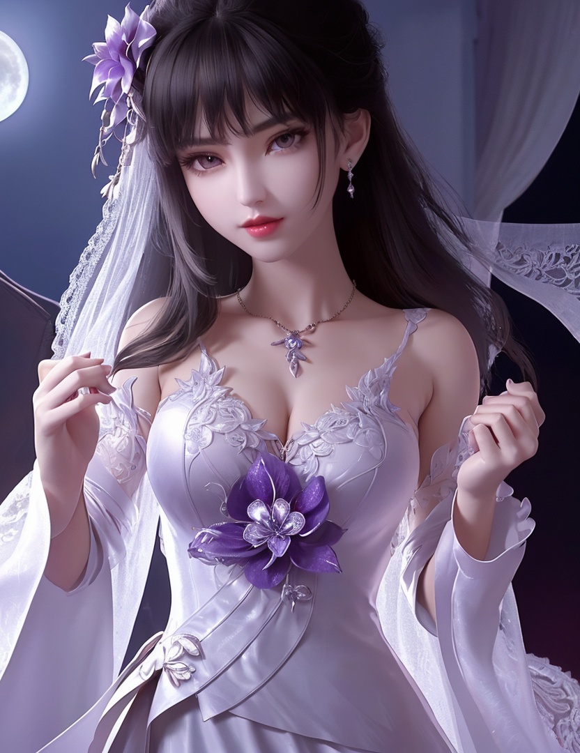 ultra realistic 8k cg, picture-perfect face, flawless, clean, masterpiece, professional artwork, famous artwork, cinematic lighting, cinematic bloom, perfect face, beautiful face, fantasy, dreamlike, unreal, science fiction,   lace, lace trim, lace-trimmed legwear,  (rich:1.4), prestige, luxury, jewelry, diamond, gold, pearl, gem, sapphire, ruby, emerald, intricate detail, delicate pattern, charming, alluring, seductive, erotic, enchanting, hair ornament, necklace, earrings, bracelet, armlet,halo((,1girl, pov,))(((1girl, jewelry, solo,, breasts, , looking_at_viewer,  outdoors,  full moon,  upper body,  purple flower, )))    <lora:DA_YueChanTeen:0.7>