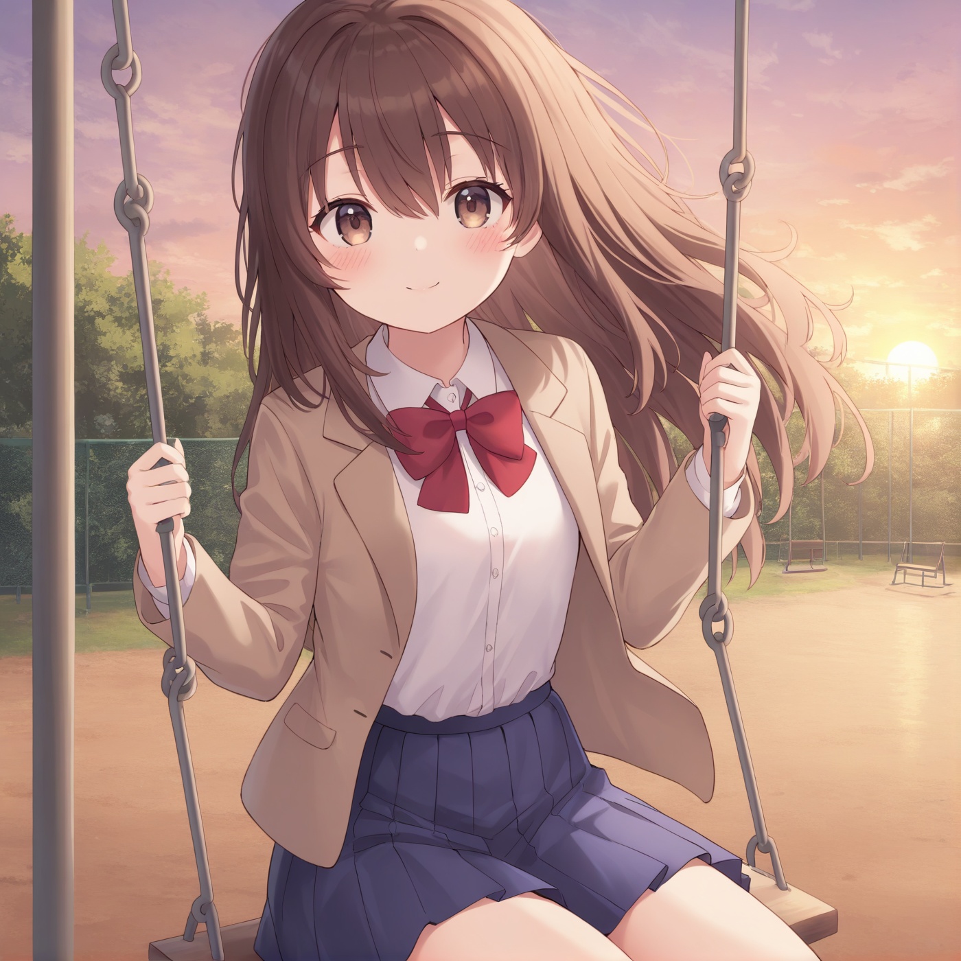masterpiece, best quality <lora:yylin0w:0.9>,Jelen01, 1girl, solo, long hair, brown hair, skirt, brown eyes, smile, swing, looking at viewer, jacket, pleated skirt, blue skirt, school uniform, shirt, bow, bowtie, red bow, closed mouth, collared shirt, blazer, brown jacket, long sleeves, blush, white shirt, red bowtie, open clothes, open jacket, hair between eyes, sunset, outdoors, ray tracing