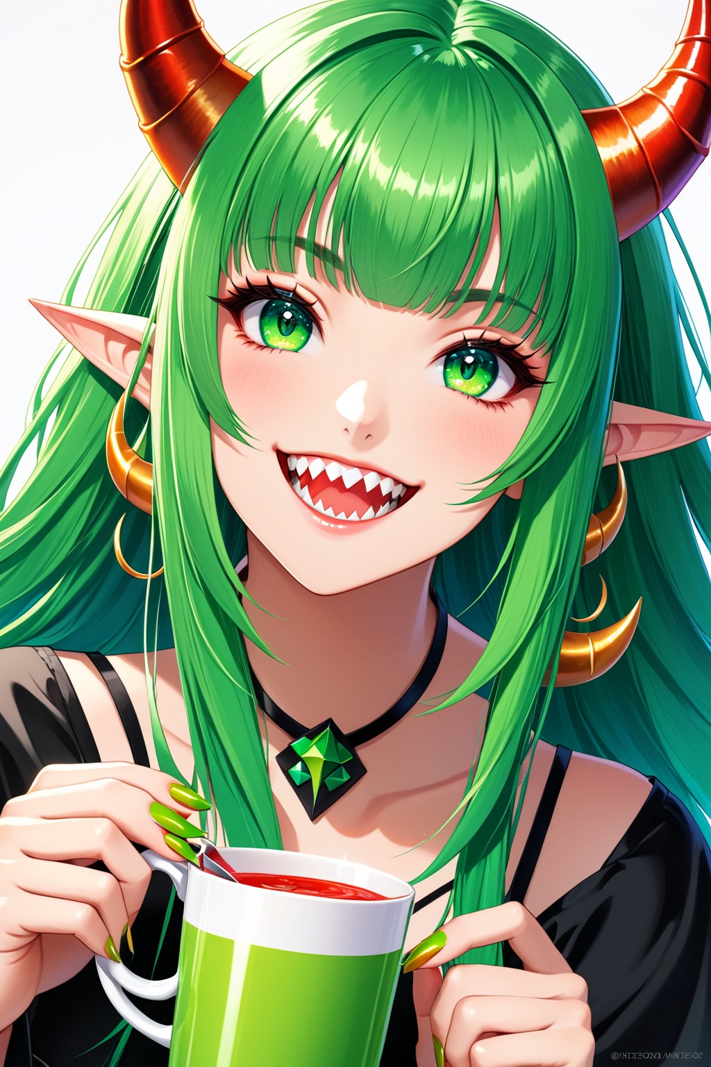 1girl, solo, long hair, looking at viewer, smile, open mouth, bangs, holding, green eyes, :d, food, green hair, horns, teeth, pointy ears, blunt bangs, nail polish, cup, sharp teeth, portrait, curled horns
