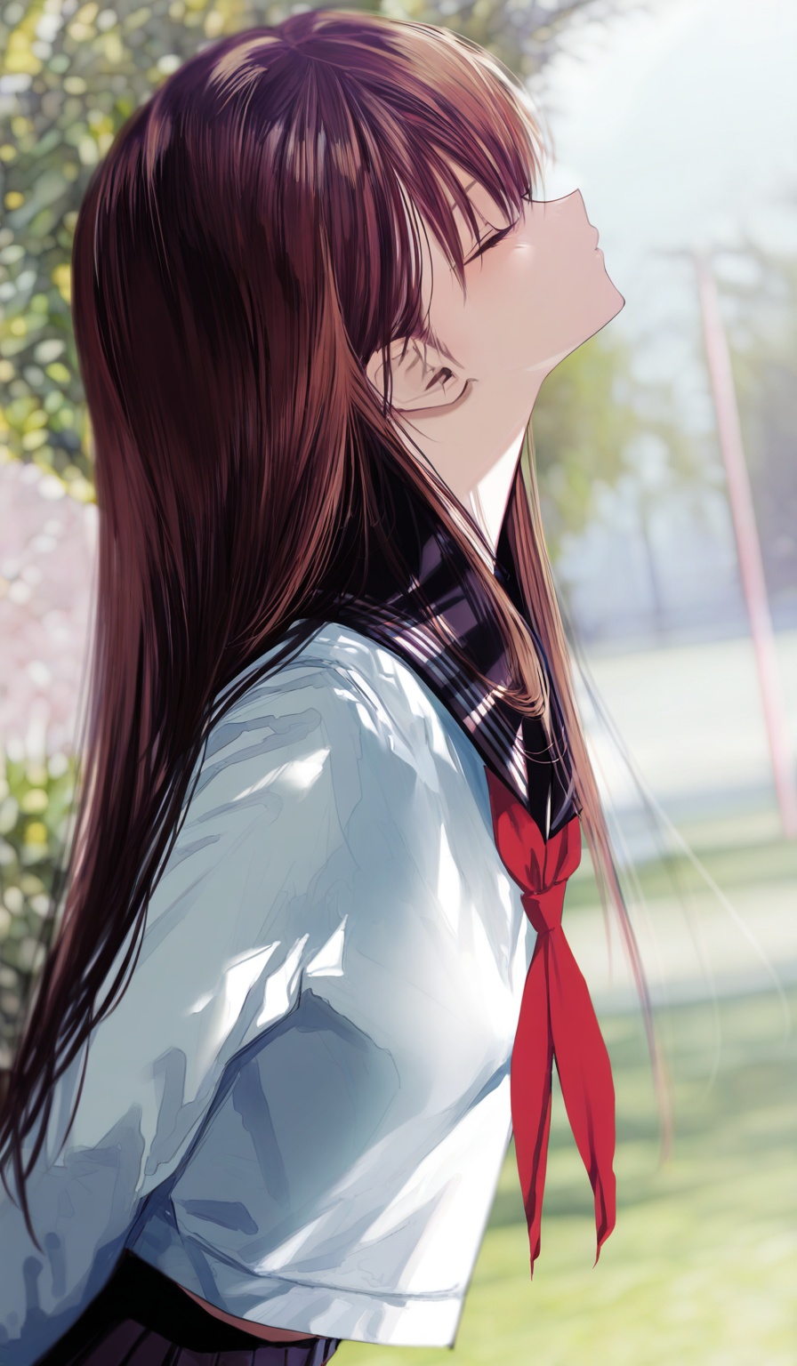 <lora:HonnryouHanaru-Style>,highres,absurdres,newest,very awa,masterpiece,best quality,year 2024,(upper body:1.6),1girl,solo,school uniform,long hair,closed eyes,serafuku,brown hair,red neckerchief,neckerchief,skirt,outdoors,sailor collar,black skirt,shirt,blurry background,blurry,white shirt,pleated skirt,black sailor collar,leaning forward,arms behind back,from side,profile,long sleeves,