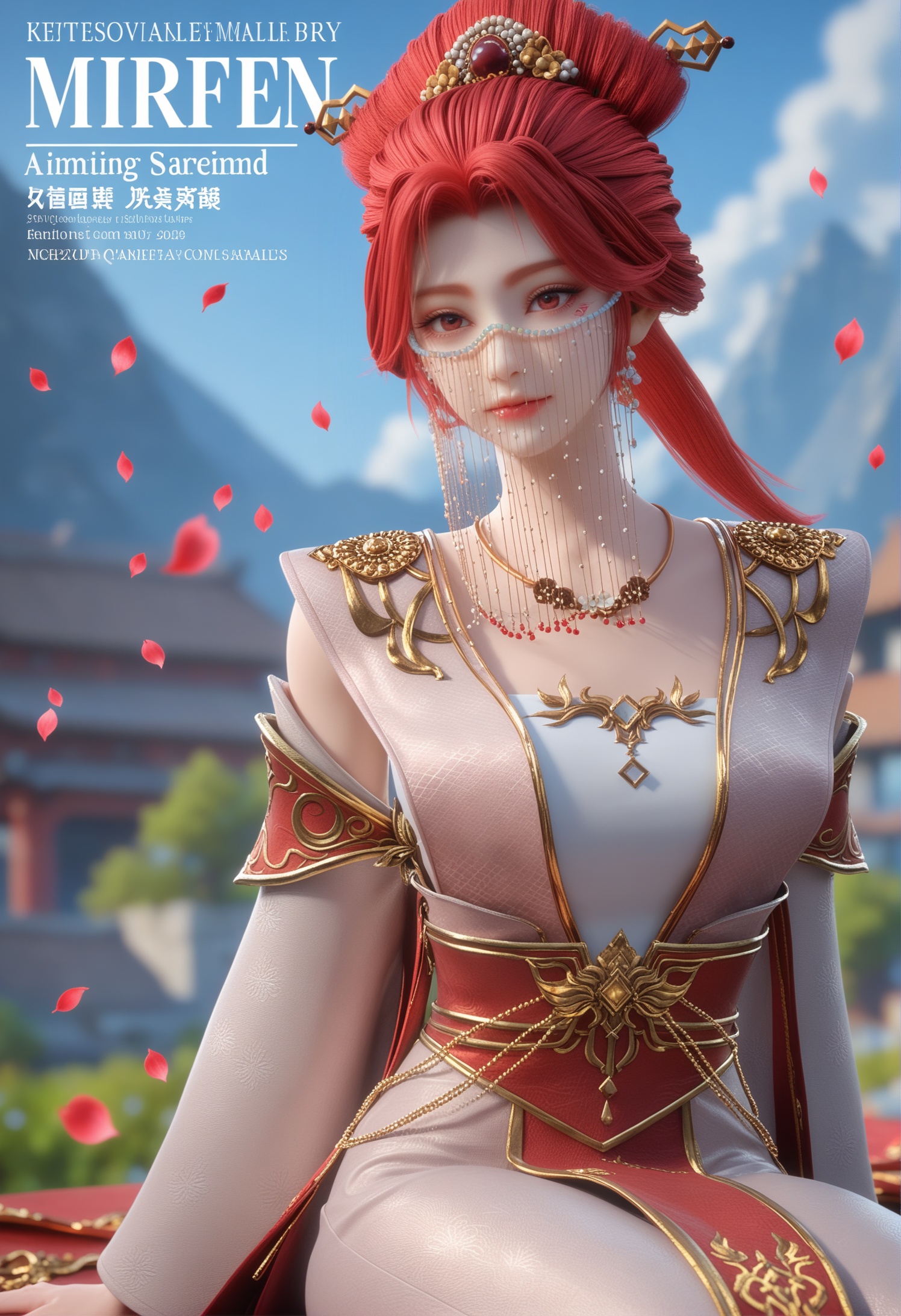 score_9,score_8_up,score_7_up,1girl,solo,(sitting:1.4),full_shot,(advertising cover:1.2),(magazine cover theme:1.05),(arms_behind_back:1.3),1girl,solo,realistic,veil,beads,head chain,pearl (gemstone),mouth veil,chinese clothes,dress,hanfu,white dress,long dress,gold trim,see-through,detached sleeves,gold,long sleeves,wide sleeves,realistic,jewelry,necklace,gem,earrings,hair ornament,hair beads,hair rings,hair stick,gold chain,bead necklace,1girl,solo,realistic,mature face,big eye,slender face,shiny_skin,long hair,red hair,hair bun,ponytail,facial tattoo,red eyes,facial mark,eyelashes,eyeliner,eyeshadow,lipstick,closed mouth,collarbone,realistic,(advertising cover:0.9),grey_background,(white_background:0.9),falling petals,(depth of field:1.2),depth_of_field,(looking at viewer:1.1),<lora:小巳-火允儿-面纱常服pony:0.85>,