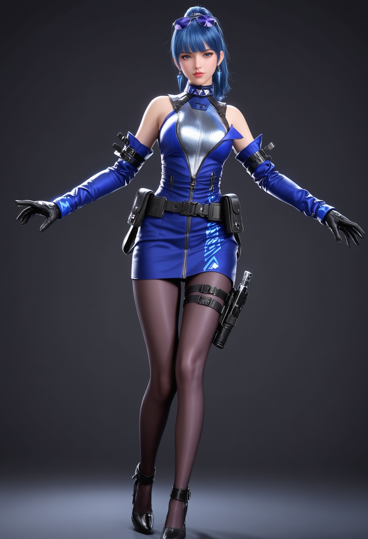 (upper_body:1.2),(looking at viewer:1.1),facing viewer,direct gaze,<lora:YQ_pony_wumengmeng_V4:0.8>,1girl,q1528437228,solo,blue hair,eyewear on head,earrings,gloves,jewelry,ponytail,detached sleeves,long hair,pantyhose,belt,dress,holster,blunt bangs,high heels,black hair,jacket,black footwear,brown eyes,thigh holster,collar,sleeveless,blue eyes,skirt,blue dress,grey eyes,belt pouch,thigh strap,BREAK (simple background,pure black background,black background:1.1),perfect anatomy,