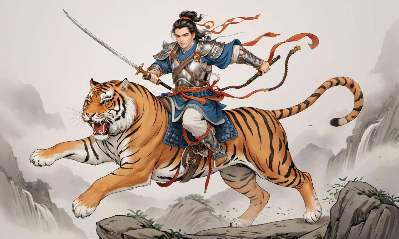 8k, masterpiece, best quality, 2D, (traditional chinese ink painting:0.2),1 perfect face warrior, 1 warrior with a lot of weapon is riding a Tiger which is jumping higher and higher,simple background,