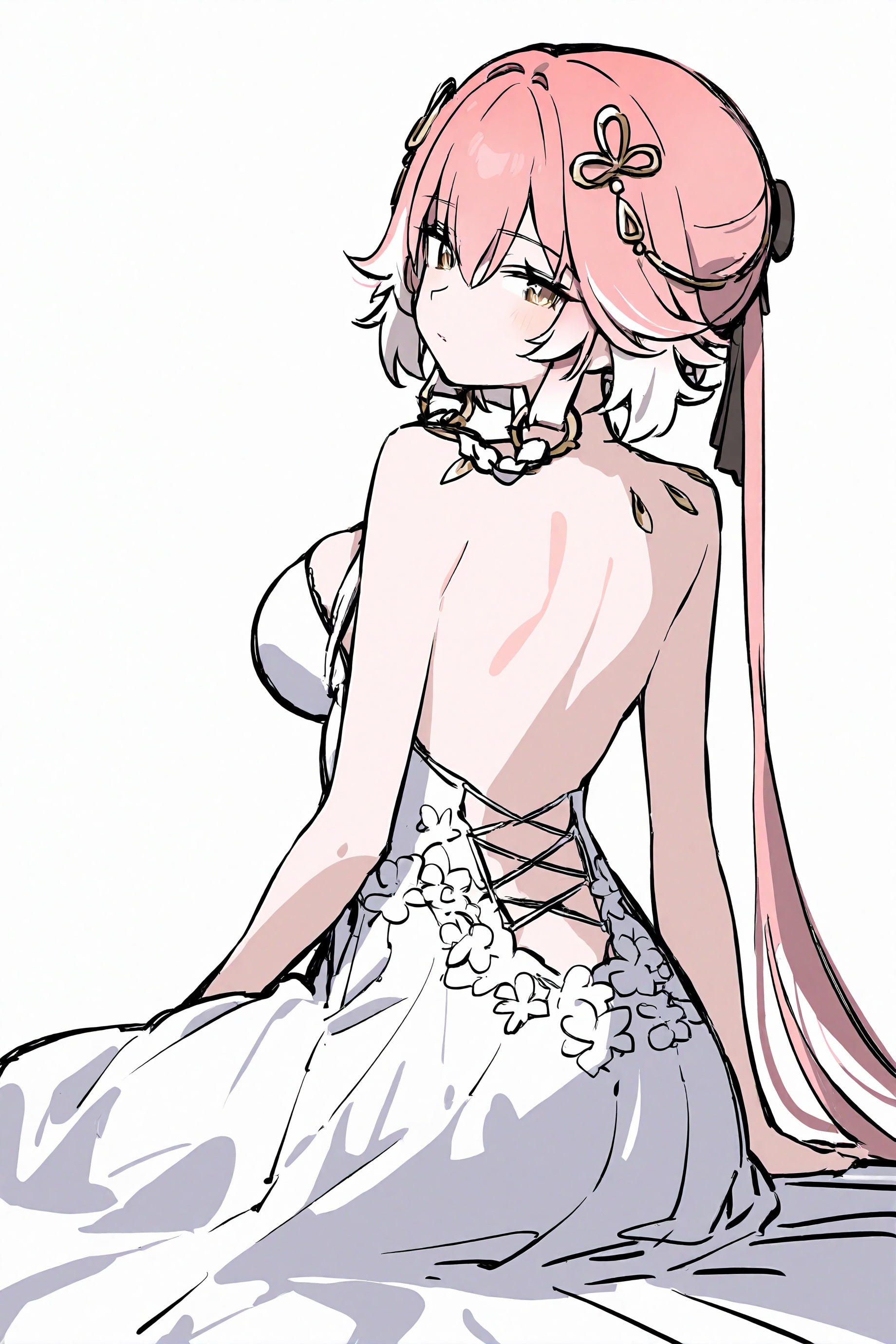 Changli\(wuthering waves\),Simple Flat Coloring,Simple Flat Coloring,sketch,line,simple background,white background,(Changli\(wuthering waves\):0.5),pink hair,1girl,solo,sitting,(looking at viewer:1.2),(Lace-up back wedding dress:1.2),from behind,looking_at_viewer,peach hip,big chest,