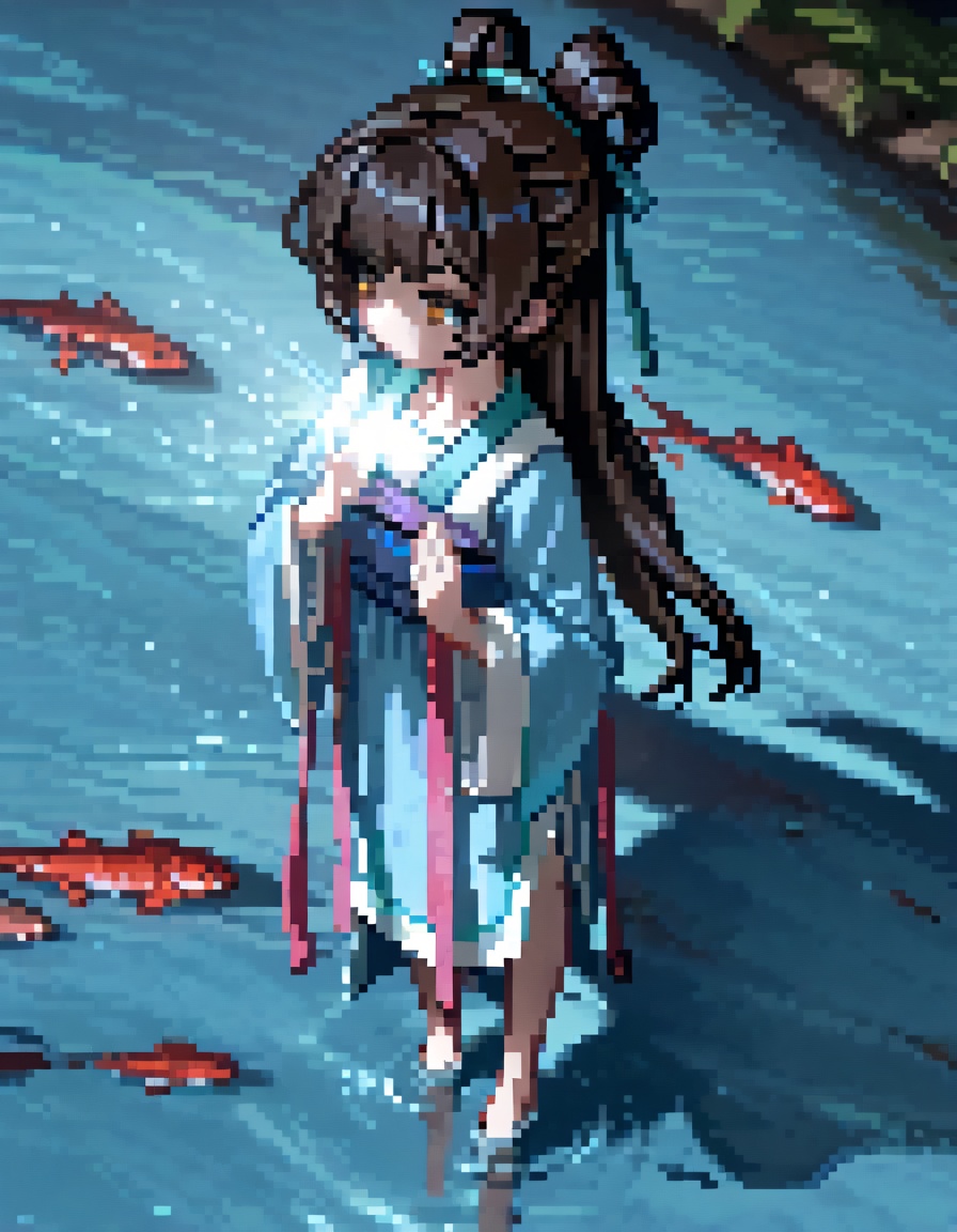 masterpiece,best quality,amazing quality,very aesthetic,absurdres,newest,(dino_(dinoartforame):0.3),(yoneyama mai:0.7),(quasarcake:0.5),from_above,1girl,gui_zhong,hanfu,standing by the river,there are many fish in the river,bright light and shadow,transparent river water,willows,