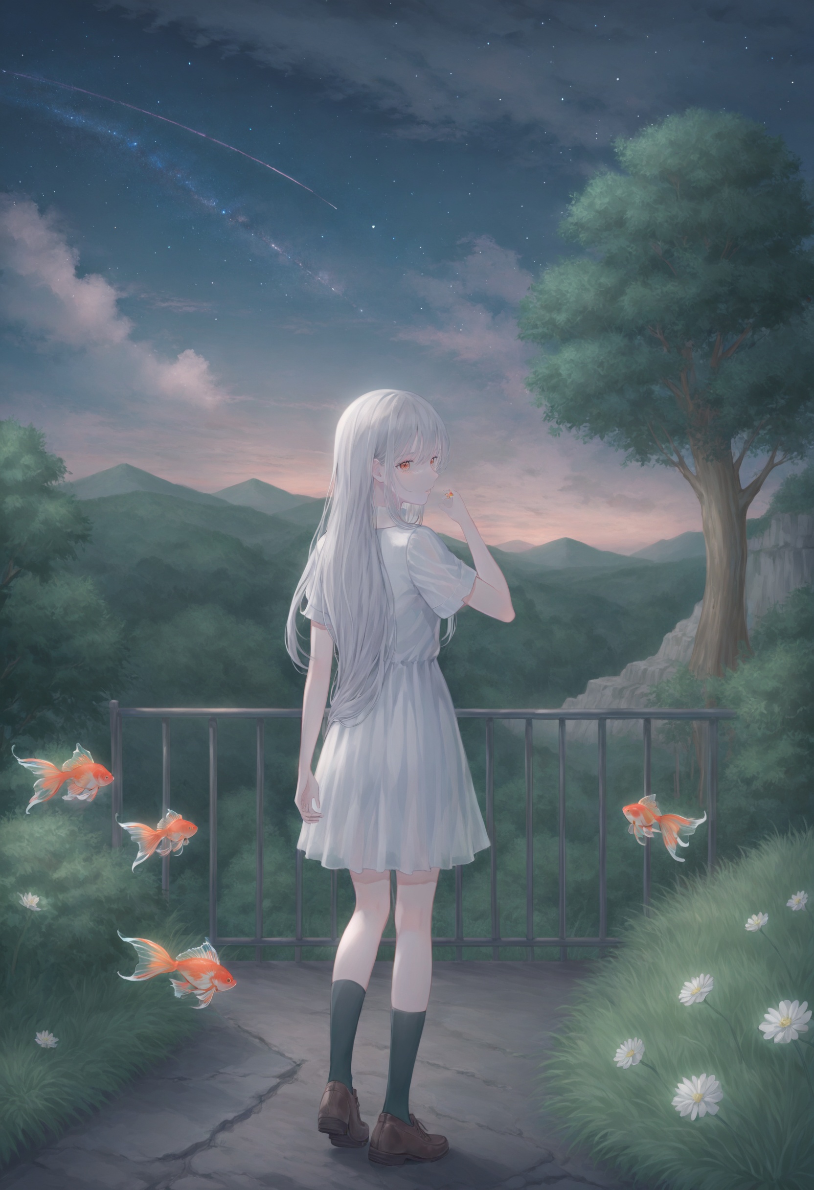 best quality, masterpiece,1girl, long hair, solo, fish, dress, white dress, parted lips, white hair, long sleeves, looking at viewer, red eyes, very long hair, orange eyes, hand up, tree, bangs, sky, outdoors, goldfish ,scenery, tree, night, outdoors, water, nature, fruit, sky, forest, waterfall, night sky, food, sky, solo, star (sky), scenery, outdoors, starry sky, cloud, tree, fence, standing, night, railing, wide shot, night sky, school uniform, rooftop, long sleeves, outdoors, solo, cloud, sky, scenery, day, grass, school uniform, blue sky, short sleeves, wide shot, flower, from behind, standing, cloudy sky, rock, ruins, kneehighs, tree, shoes, road, facing away, plant, overgrown  <lora:poireXLlokr4f-000287:0.7>