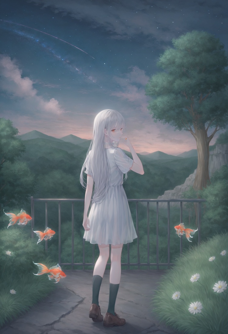 best quality, masterpiece,1girl, long hair, solo, fish, dress, white dress, parted lips, white hair, long sleeves, looking at viewer, red eyes, very long hair, orange eyes, hand up, tree, bangs, sky, outdoors, goldfish ,scenery, tree, night, outdoors, water, nature, fruit, sky, forest, waterfall, night sky, food, sky, solo, star (sky), scenery, outdoors, starry sky, cloud, tree, fence, standing, night, railing, wide shot, night sky, school uniform, rooftop, long sleeves, outdoors, solo, cloud, sky, scenery, day, grass, school uniform, blue sky, short sleeves, wide shot, flower, from behind, standing, cloudy sky, rock, ruins, kneehighs, tree, shoes, road, facing away, plant, overgrown  <lora:poireXLlokr4f-000287:0.7>