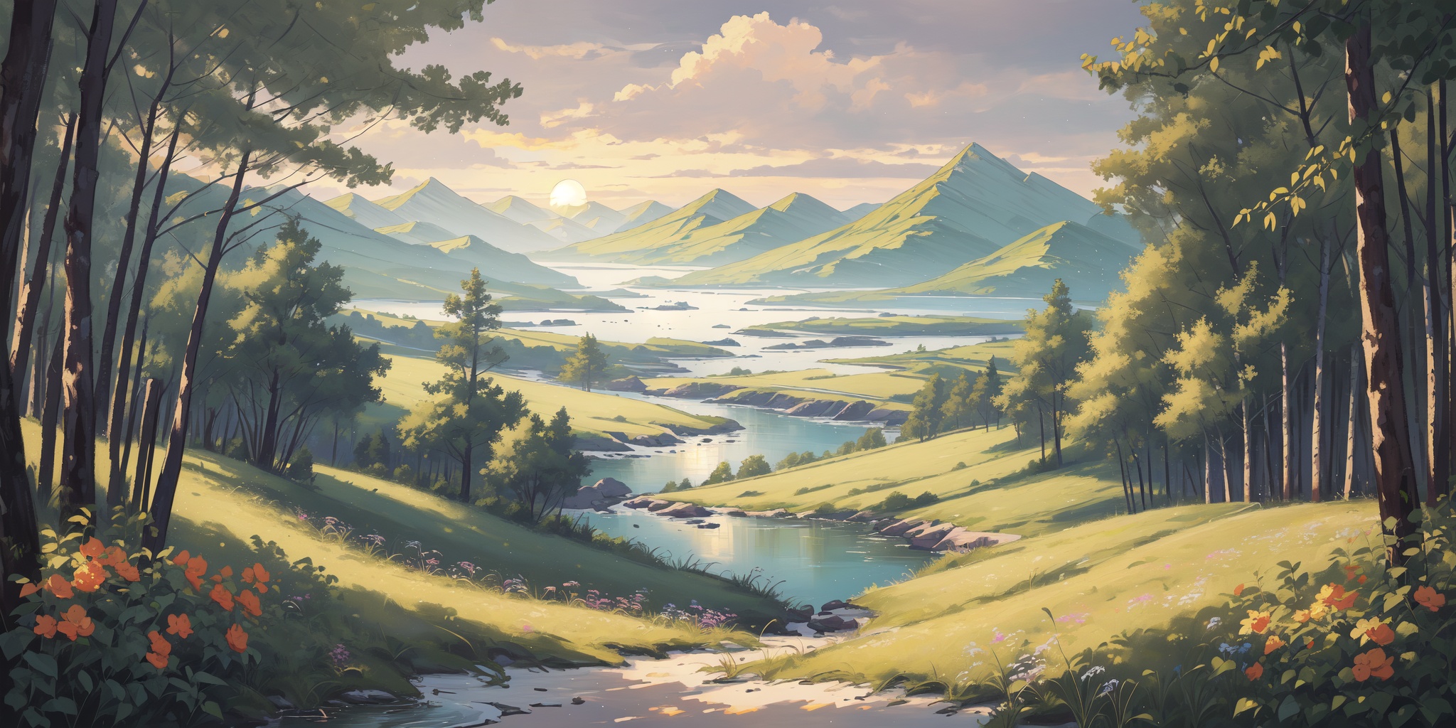 scenery,outdoors,light particles,beautiful detailed sky,beautiful detailed glow,best shadow,panorama,(Bamboo, Forest, Mist, Morning, Silence, Green, Tranquility, Pathway:1.3),(River bend, Photography, Sunset, Reflections, Tranquility, Scenic beauty:1.2),(Lemon trees, Citrus fragrance, Lemon orchard, Morning sunlight, Mediterranean landscape, Harvest time:1.1),(masterpiece, best quality, beautiful and aesthetic:1.3),extremely detailed CG,ultra-detailed,beautiful concept illustration,illustration,extremely fine and beautiful,perfect details,<lora:YOUHUA-000018:1>,oil painting \(medium\),