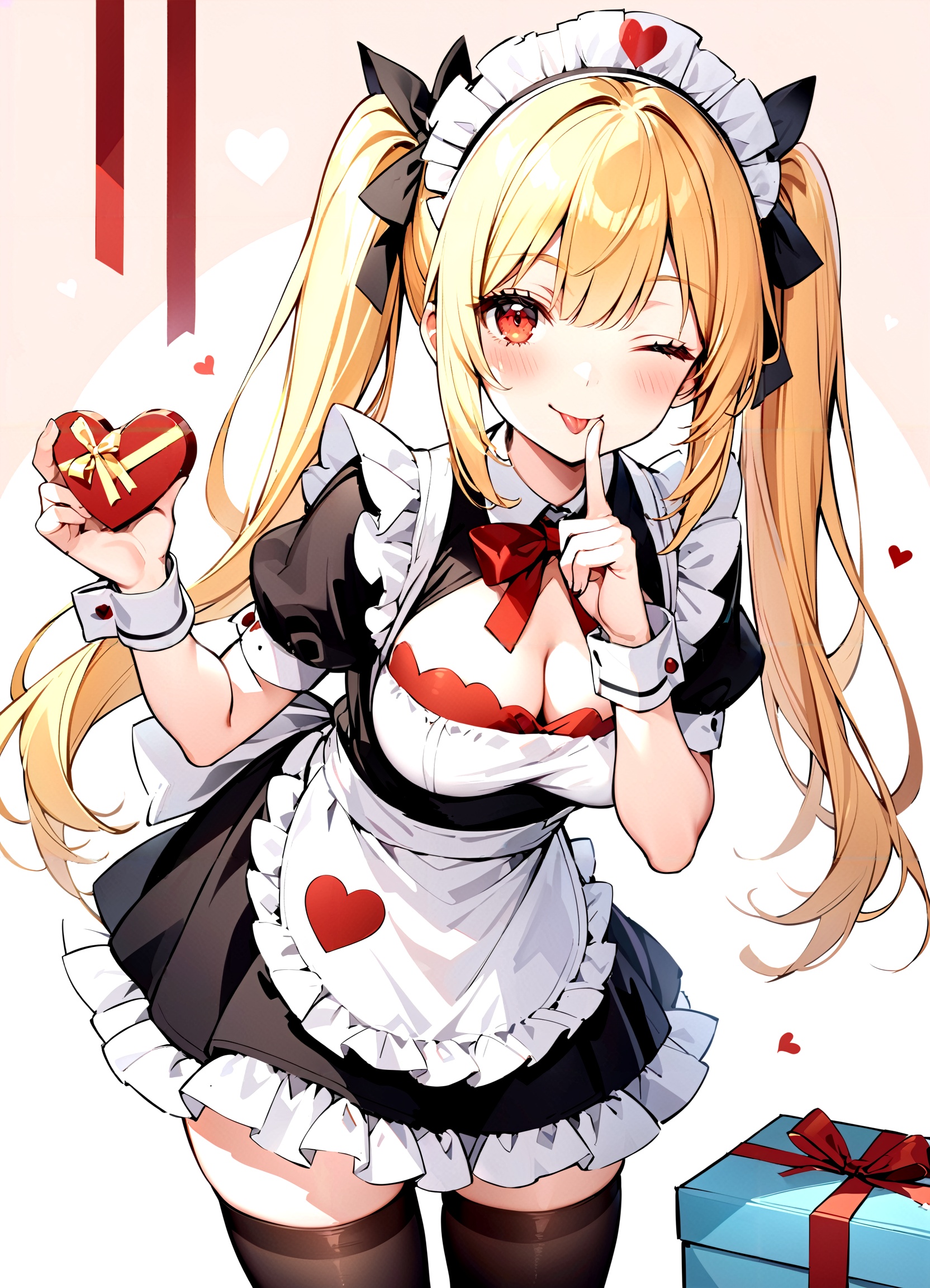 1girl, solo, long hair, breasts, looking at viewer, blush, smile, thighhighs, bow, ribbon, cleavage, medium breasts, one eye closed, tongue, black thighhighs, tongue out, apron, wrist cuffs, maid, maid headdress, box, gift, valentine,yellow hair,red eyes,twintails,bangs,leaning forward, (index finger on mouth),