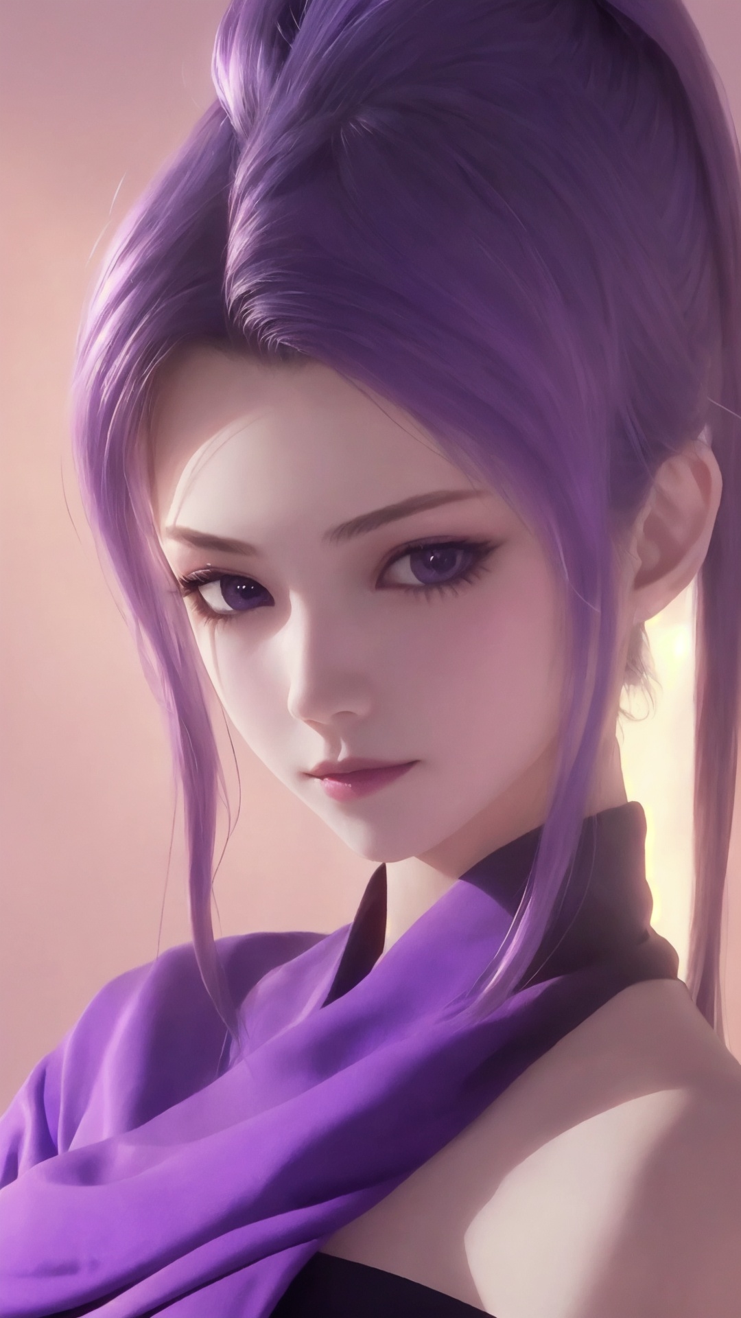 The image is a digital portrait of a young woman with long, purple hair. She is wearing a black top with a purple scarf draped over her shoulders. Her hair is styled in a high ponytail with multiple hair pins sticking out of it. She has a serious expression on her face and is looking directly at the camera. The background is a gradient of orange and pink, giving the image a warm and dreamy feel. The overall mood of the image is mysterious and ethereal..,<lora:tyz zi_20241217072752-000016:0.8>,