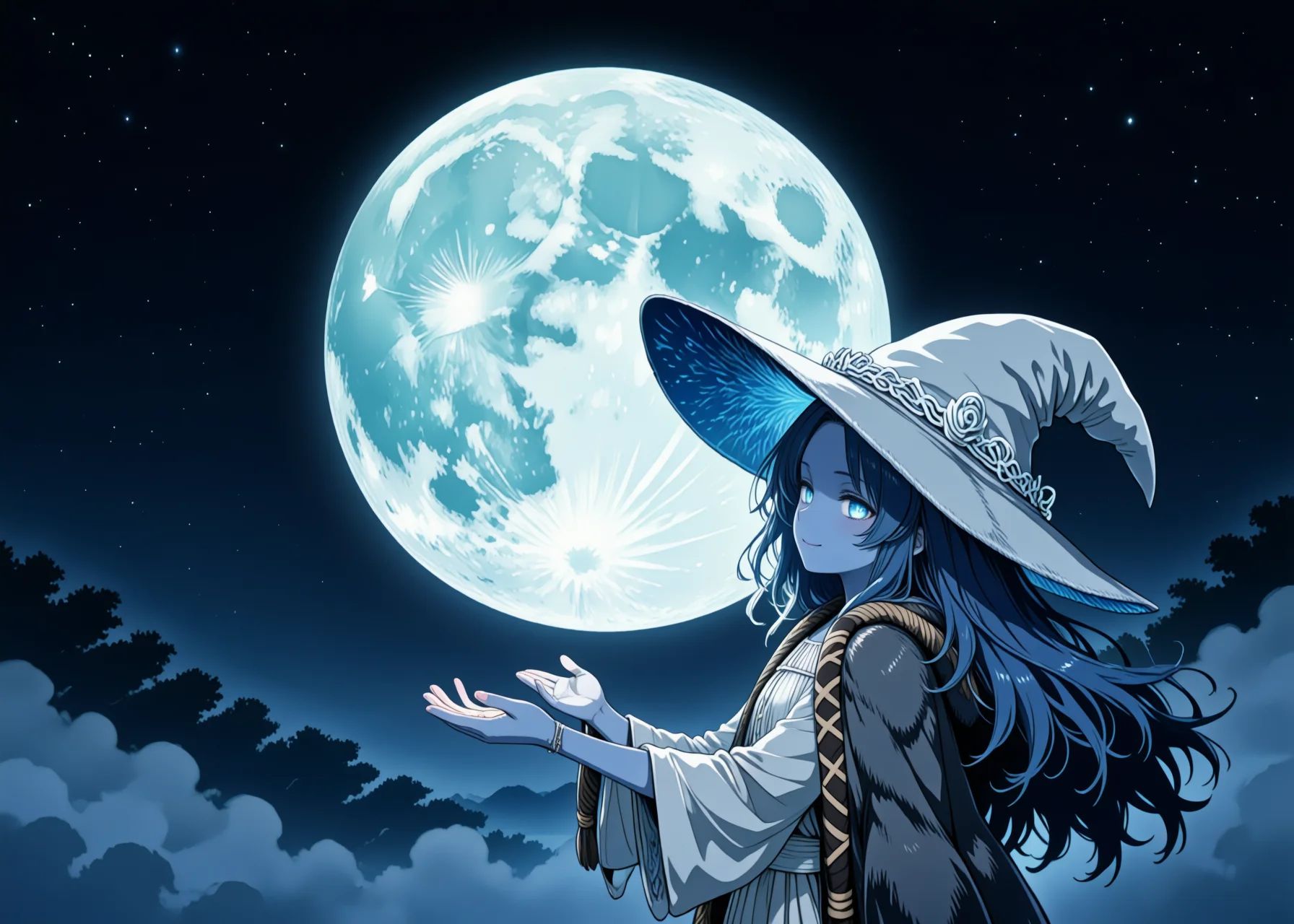 The girl is gazing at the large,  pale-blue full moon floating above her hand.1girl,  ranni the witch on Tensor.Art