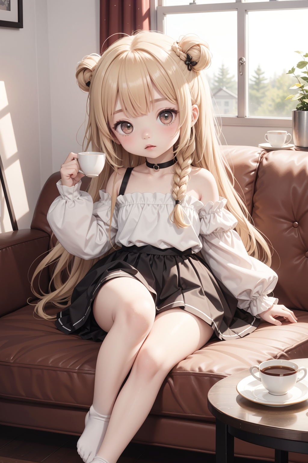 .,(loli:1.5),(5yo:1.5),(very_long_hair,:1.3),(masterpiece),(best quality),loli,1girl,solo,food,cup,phone,sweater,long hair,socks,indoors,no shoes,lying,cellphone,brown eyes,looking at viewer,on stomach,long sleeves,off shoulder,couch,blush,table,plate,window,bangs,braid,ahoge,stuffed animal,sleeves past wrists,legs up,stuffed toy,off-shoulder sweater,saucer,mug,parted lips,blonde hair,on couch,puffy sleeves,choker,puffy long sleeves,sunlight,feet up,curtains,smartphone,yellow socks,twitter username,brown sweater,bare shoulders,day,black choker,blurry,the pose,:o,teddy bear,blurry background,teacup,cookie,full body,very long hair,