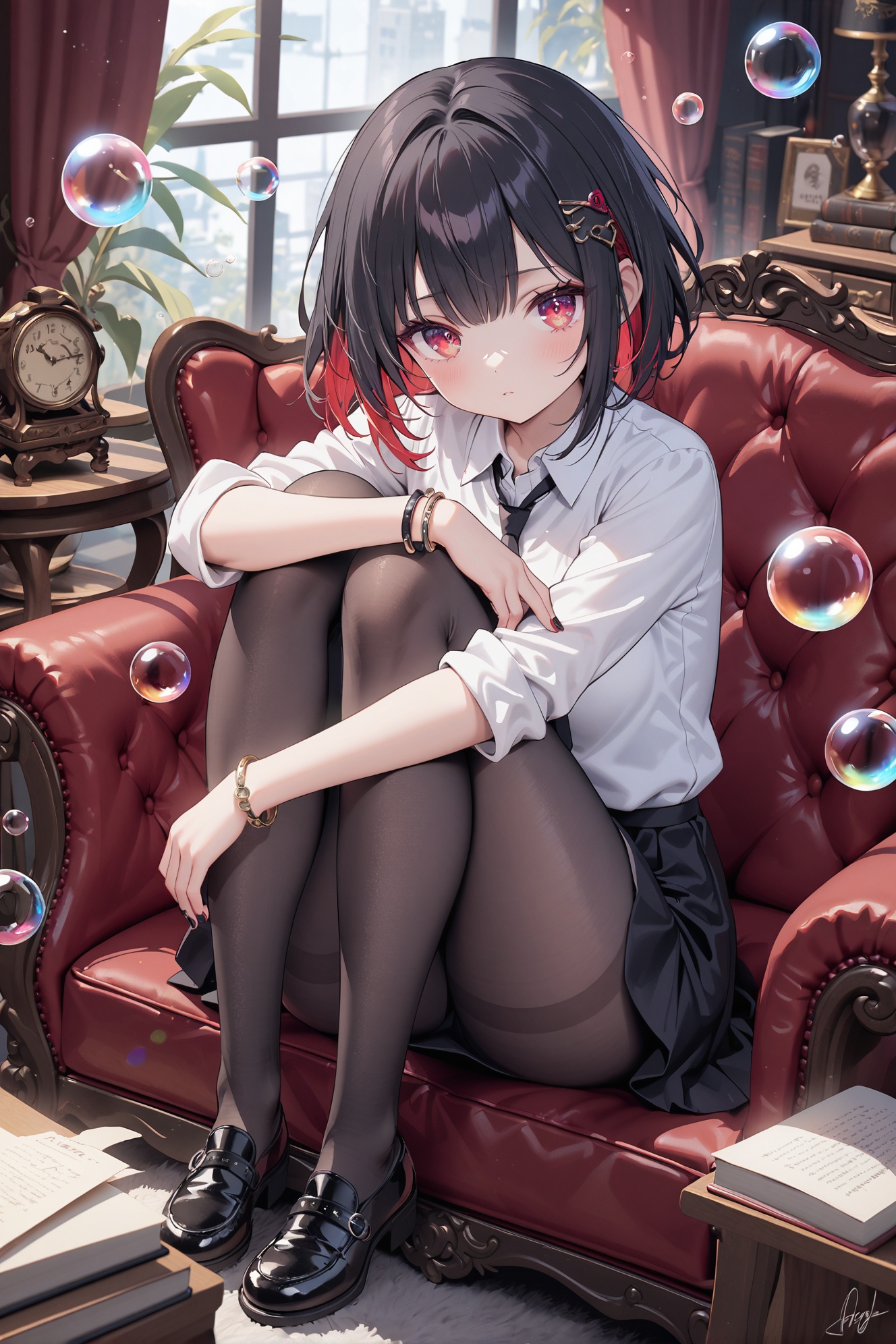 1girl, solo, pantyhose, black hair, short hair, looking at viewer, shirt, multicolored hair, red hair, bracelet, skirt, jewelry, black footwear, red eyes, shoes, white shirt, couch, hair ornament, sitting, hugging own legs, black skirt, collared shirt, bangs, sleeves rolled up, nail polish, book, two-tone hair, bubble, indoors, signature