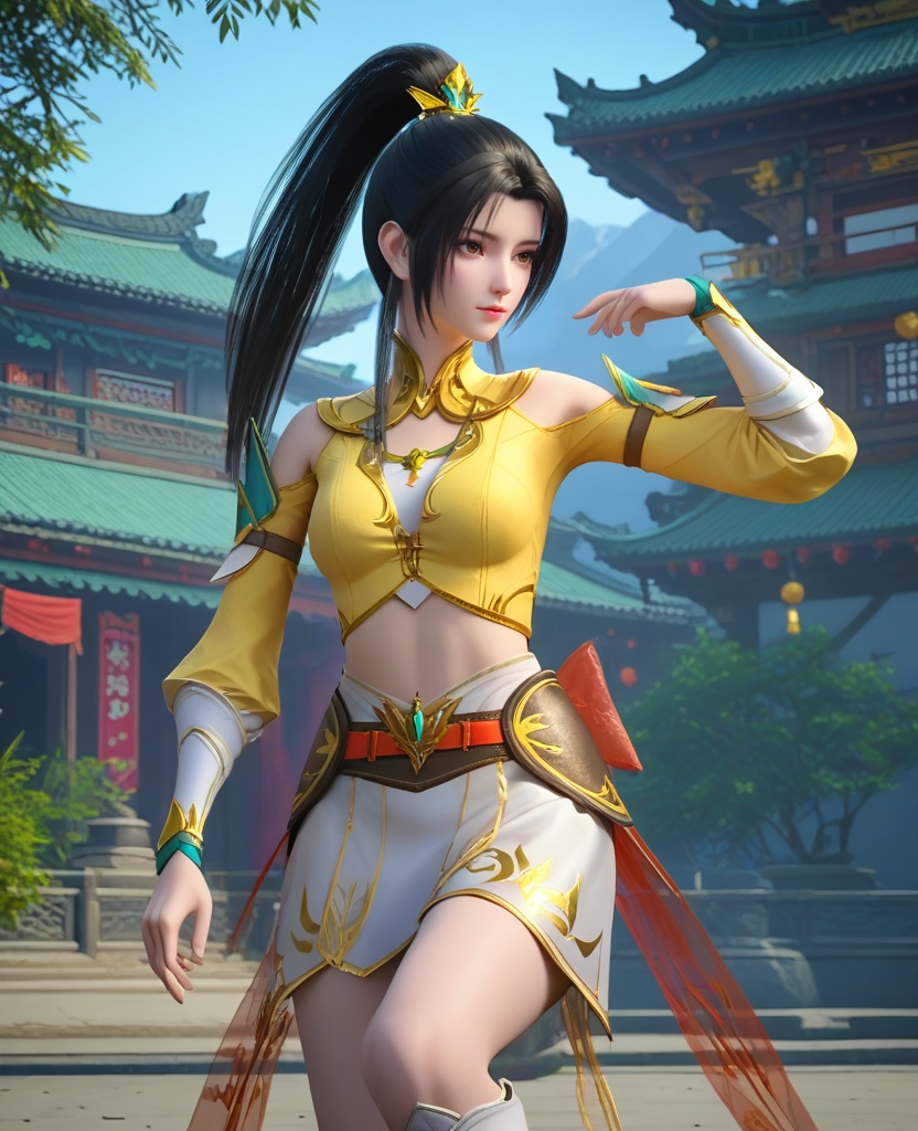 (oriental architecture, elegant decor, sophisticated style:1.1),raver,dancing,rave,wearing fiber optic led dress,EDM festival,(breasts:1.2),<lora:XL16大主宰叶轻灵:0.95>,miss yeqingling,yellow crop top,brown eyes,black hair,long hair,high ponytail paired with front strands,hair ornament,white miniskirt,sash,bracer,white boots,bow,shoulder cutout,, zPDXL2, score_9, score_8_up, score_7_up BREAK realistic, masterpiece,best quality, highly detailed,, zPDXL3, zPDXL2,zPDXL, zPDXLxxx, zPDXLrl,