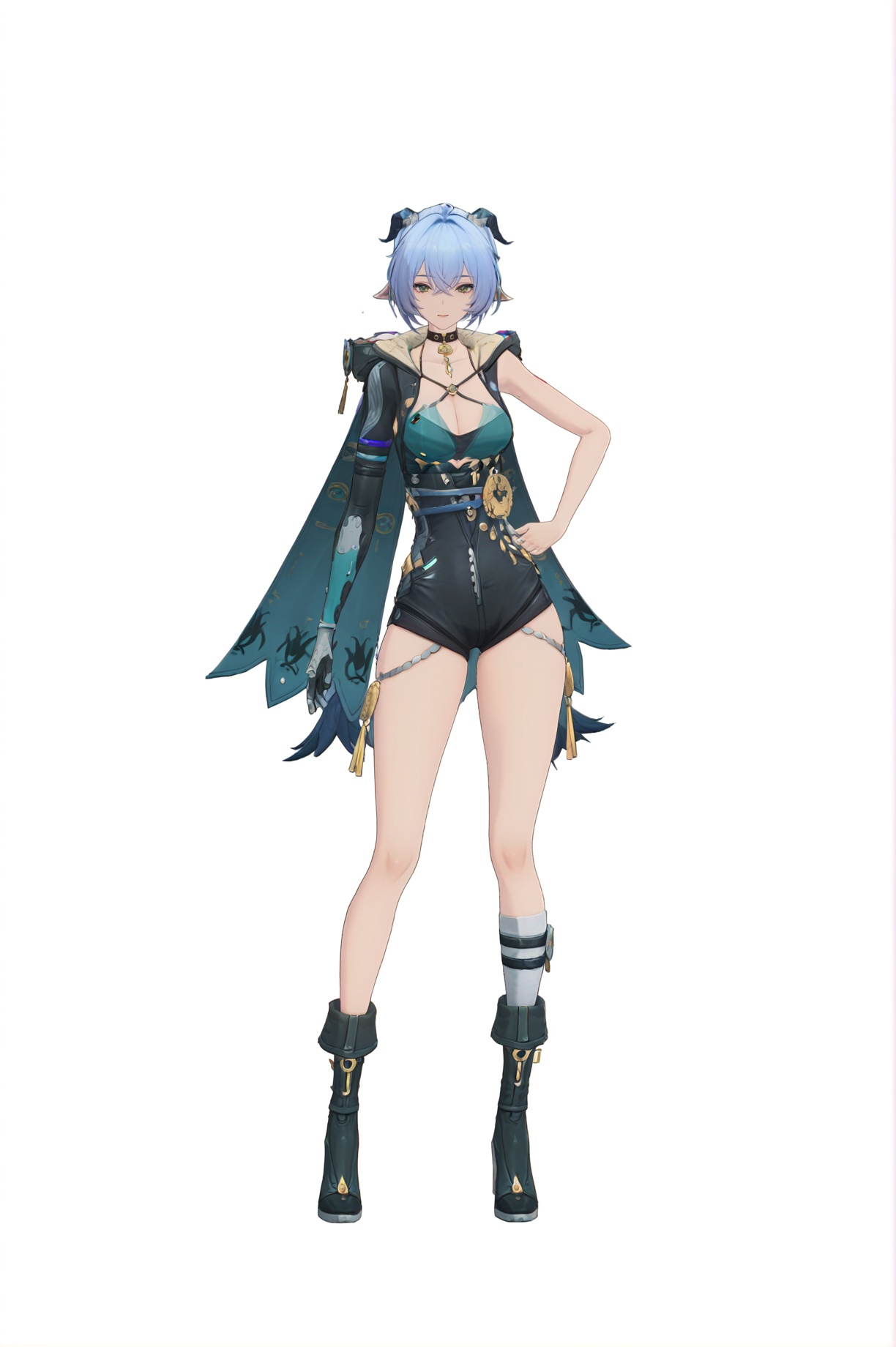 8k,best quality,masterpiece,(ultra-detailed),(high detailed skin),<lora:mingchao-ill-Tanger:0.55>,iartist: Wuthering Waves,Wuthering Waves art,(solo:1.2),simple background,(white background:1.2),hand on own hip,(white background:1.1),full body,full shot,standing,looking at viewer,(solo:1.2),simple background,(white background:1.2),hand on own hip,(white background:1.1),<lora:Lucia-will-Tanger:0.8>,Lucia \(Zenless Zone Zero\),clothes: Luciadef suit,Square-shaped pupils,Luciadef cape,Luciadef horns,Luciadef  pointy ears,1girl,breasts,blue hair,boots,black footwear,yellow eyes,cleavage,pointy ears,single glove,
