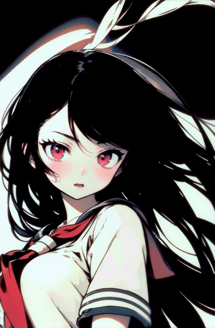 masterpiece,best quality,(absurdres,:1.4),1girl,solo,school uniform,black hair,serafuku,red eyes,long hair,black background,upper body,floating hair,