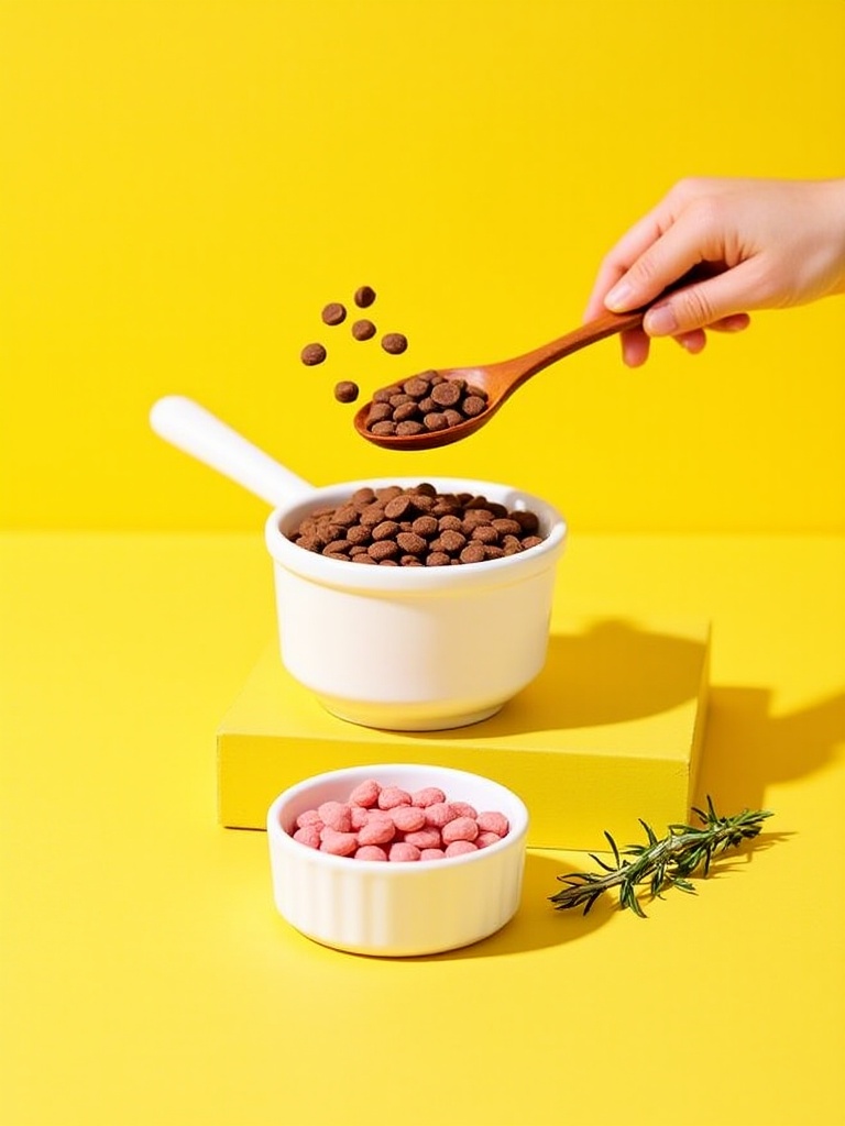 STML,a white bowl filled with brown chocolate chips, a wooden spoon scooping some, a second bowl with pink chocolate chips, and a sprig of rosemary on a bright yellow background.<lora:S-T-猫粮海报_S1.5:1>