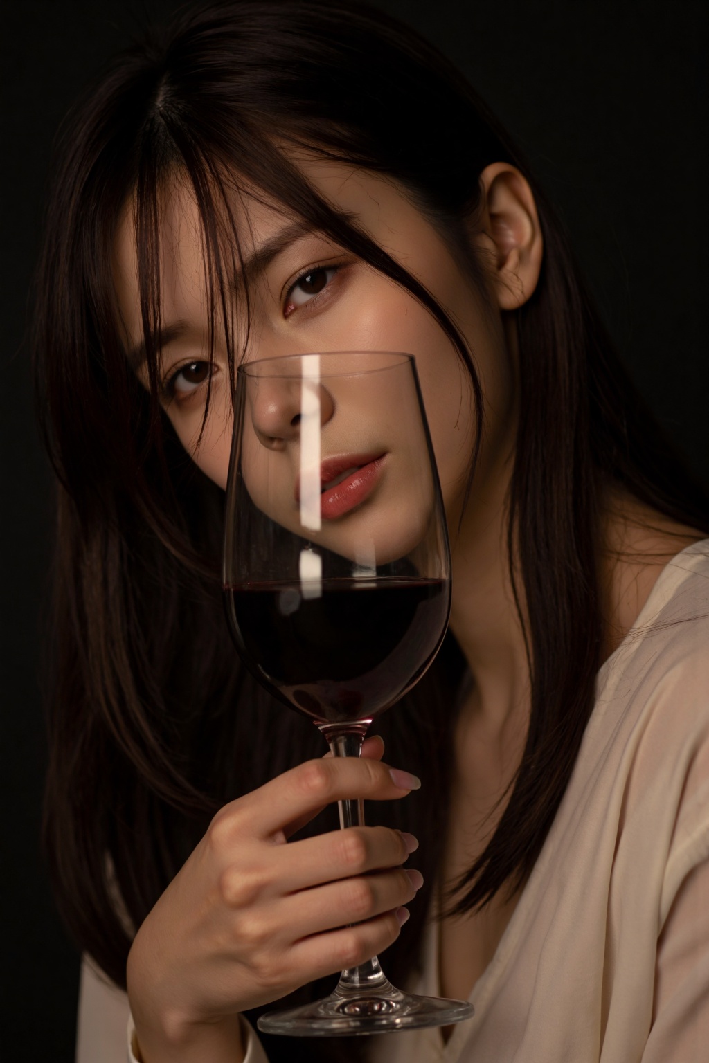 The photograph captures a close-up view of a young East Asian woman with a smooth,light skin tone,holding a wine glass filled with red wine. She is positioned in a dimly lit room,with a soft,moody atmosphere. The lighting casts subtle shadows on her face,enhancing the contours of her features and the texture of her long,straight,dark brown hair,which partially obscures her face. Her eyes are partially visible,reflecting the soft light,and her expression is contemplative and slightly melancholic. She is wearing a white garment,possibly a shirt or blouse,which is barely visible,hinting at a minimalist and understated style. The photograph emphasizes the elegance and serenity of the moment,with the glass of wine being the focal point,its dark liquid reflecting the light,creating a sense of depth and intimacy. The background is blurred,drawing attention to the subject and her emotional state. The overall tone of the image is warm and intimate,with a focus on the psychological and sensual aspects of the scene.,