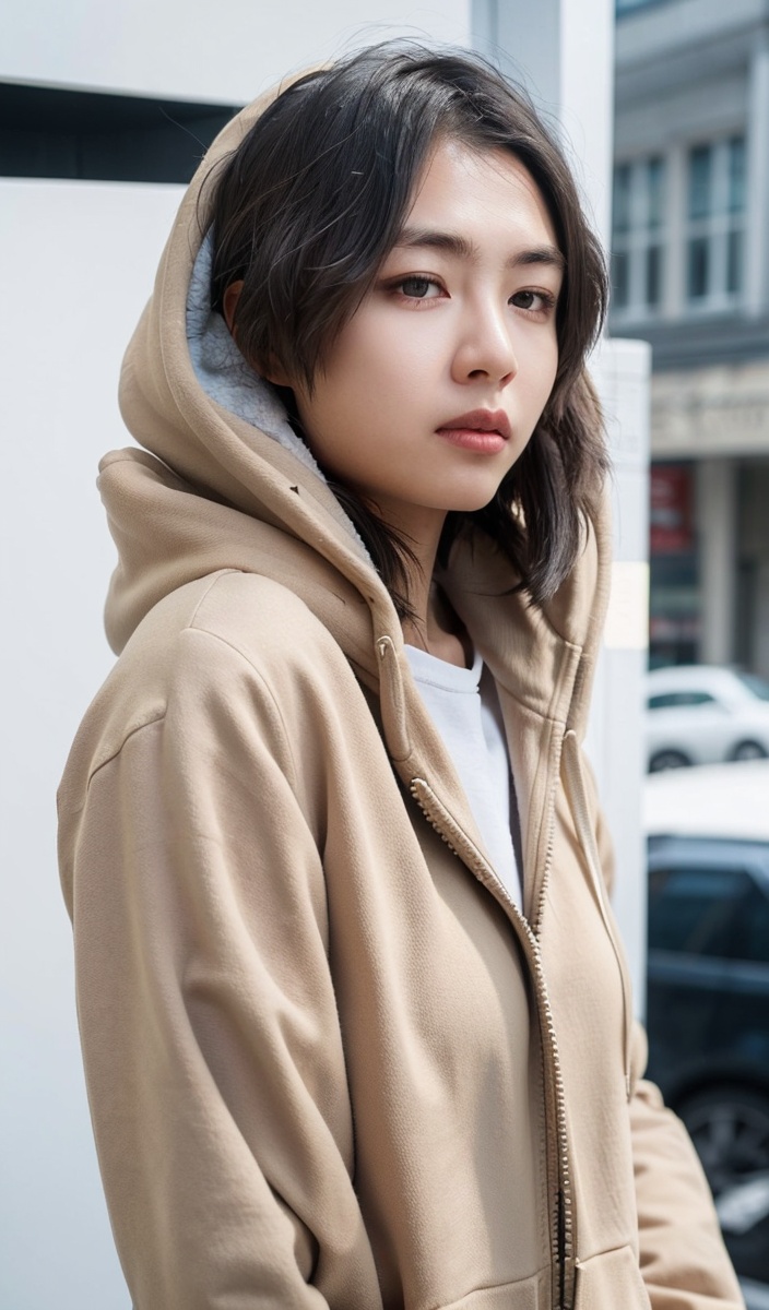 1girl,hood,solo,hooded_jacket,white_hoodie,blurry,textured skin,With a coat over a hoodie,aloof,cold tone,perfect eyes,(soft lighting),Porta 160 color,shot on Leica T,bokeh,sharp focus on subject,shot by Candida Höfer,Outstanding,Best Quality,Detailed,Eyes,Normal Human Eyes,Facial Features,Asian Female,Pale Skin,Cold,Medium Length Hair,Black Hair,Eyes and Face to the Viewer,Side View,Standing,Messy Hair,Hair Detailed,Wearing White Hoodie Inside,Khaki Coat Outside,Winter,Simple Background,Cloudy Day,City Background,Urban,Cold Expression,Sparkling Eyes,Smooth Skin,Beauty Paramount,