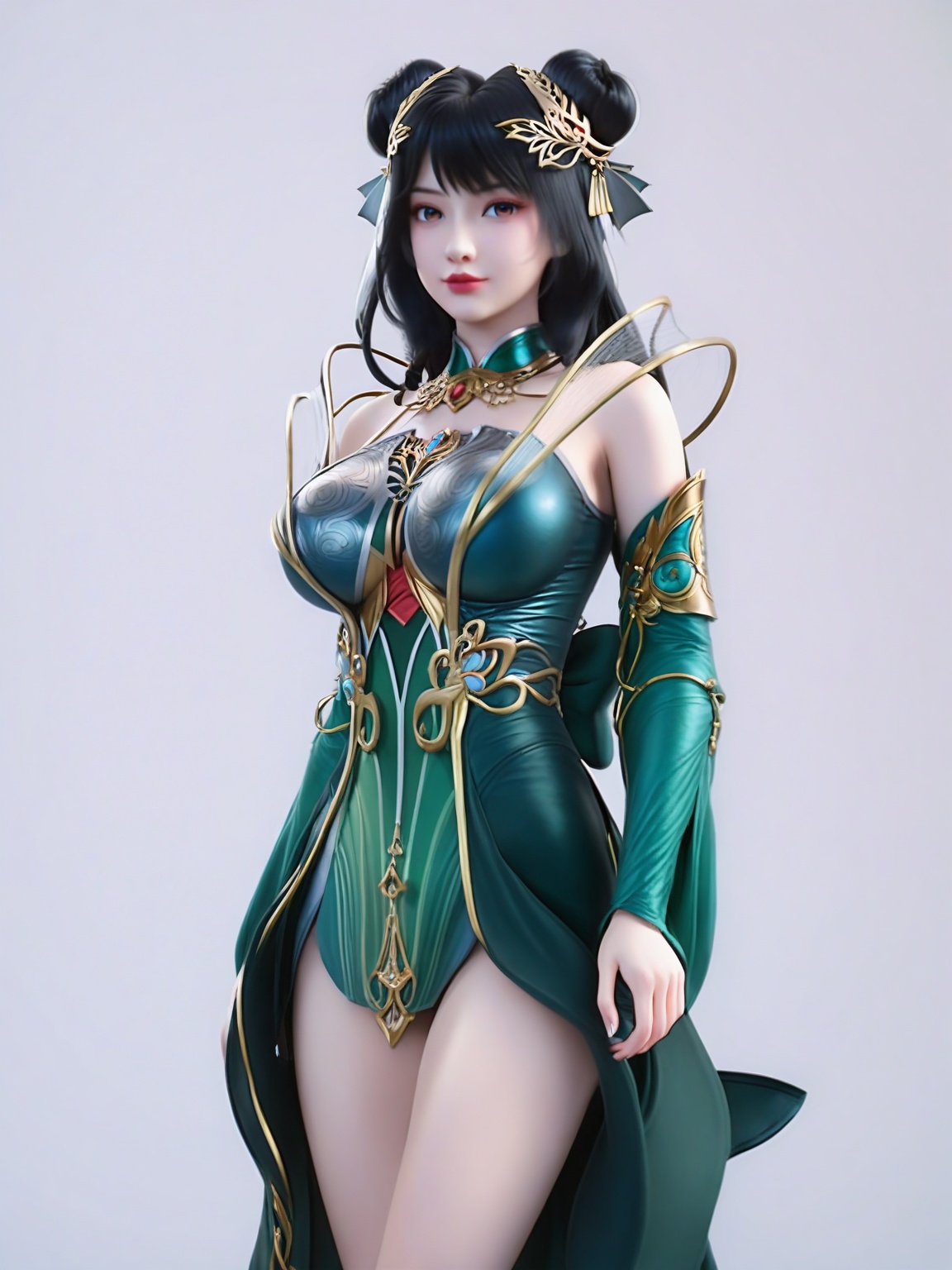 score_9,<lora:SF_HangFuLing2_Pony_Realism2.3-000004:0.7>,1girl,breasts,large breasts,standing,hair ornament,solo,lipstick,black hair,dress,jewelry,detached sleeves,green dress,double bun,skirt,cowboy shot,bare legs,looking at viewer,white background,simple background,