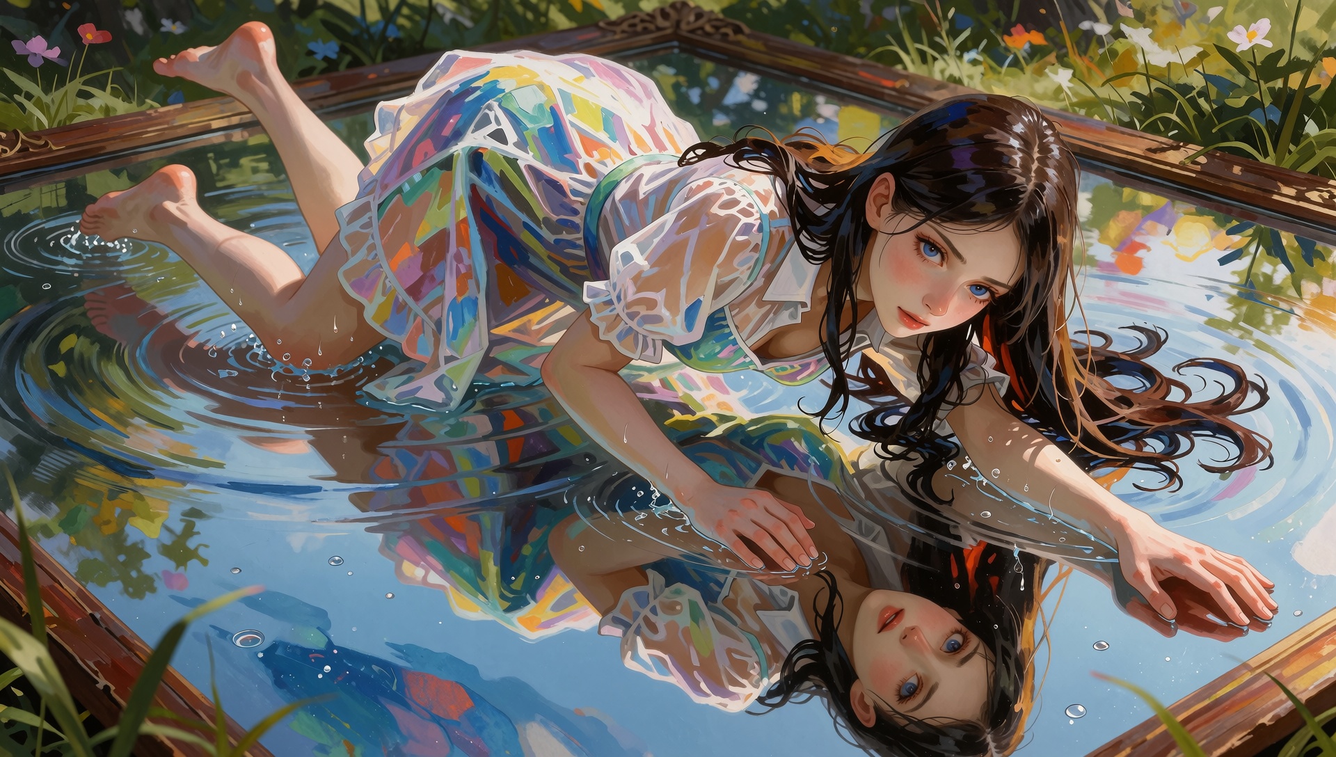 Anna Matejnka passes through a water mirror,  action,  dynamic pose on Tensor.Art