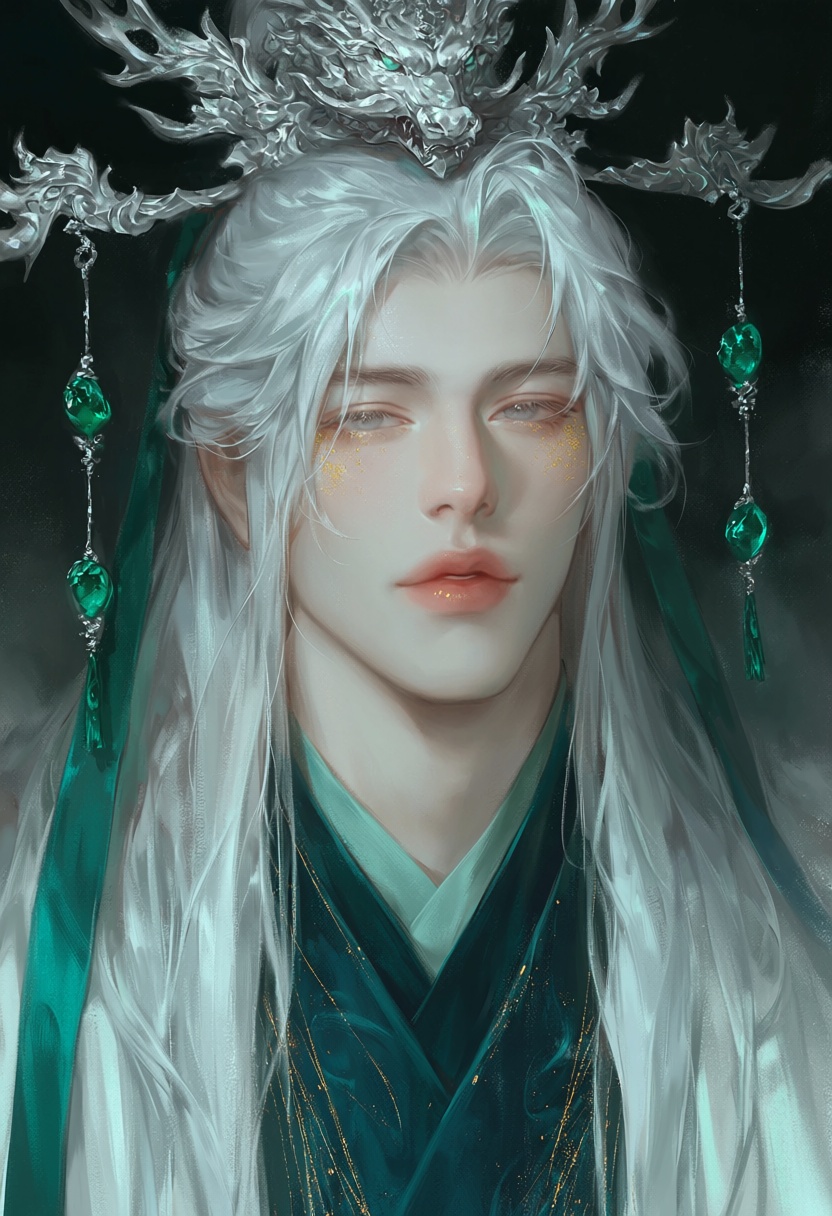 male with long silver-white hair tied with jade green ribbon,  soft grey eyes with golden flecks,  ornate dragon crown wit...