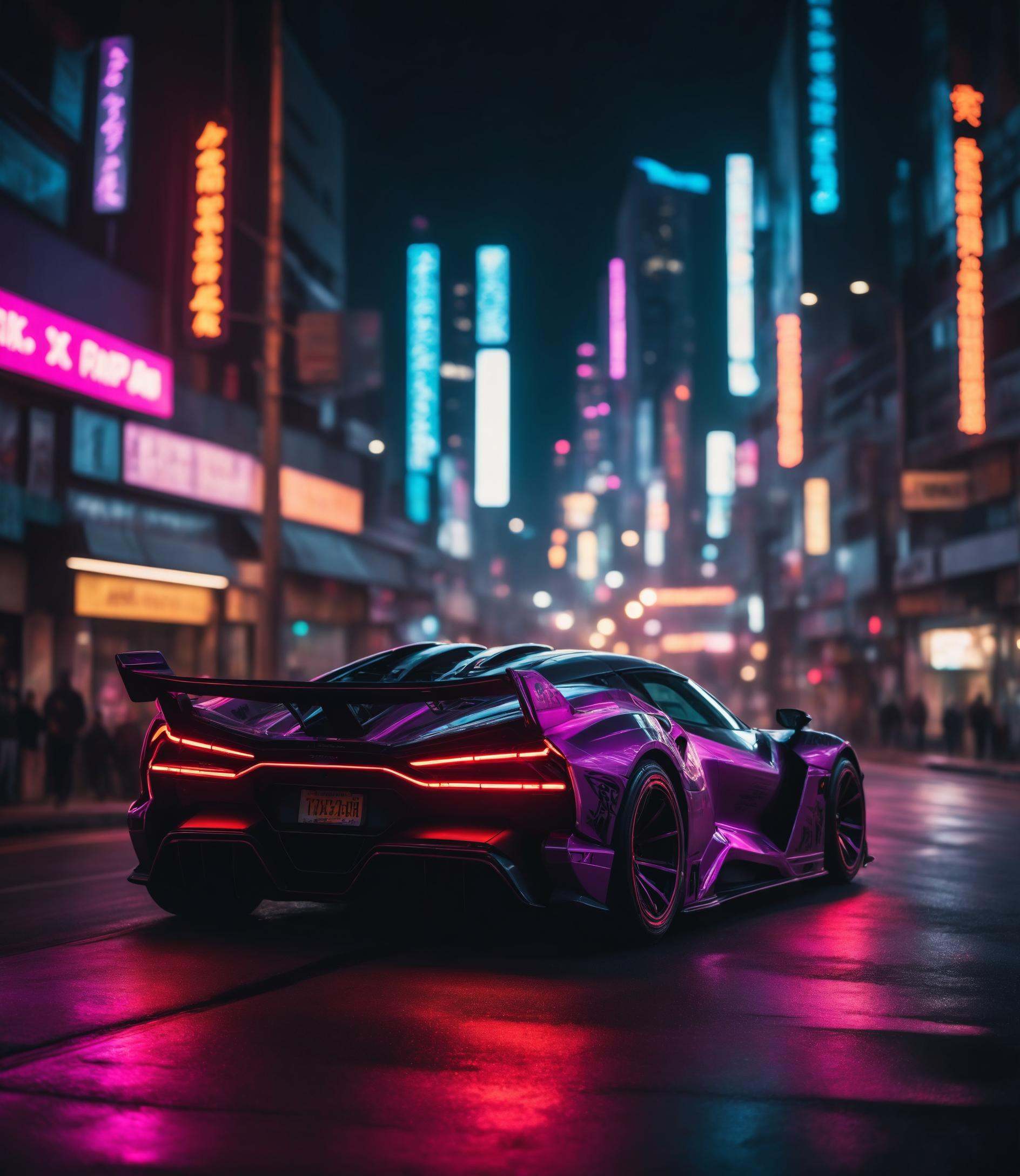 cinematic film still cyberpunk sportscar riding into a dark neon lighted city,  amazing details,  masterpiece on Tensor.Art