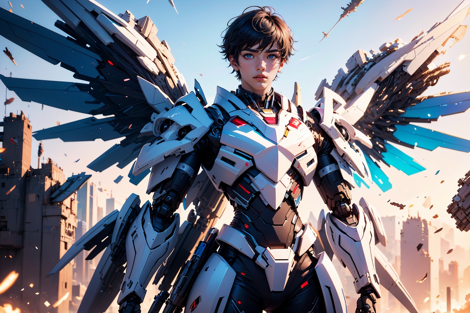 1boy,concept artwork,black hair,(a lonely solo boy:1.4),sky,wing,wings with fans,graphics card fan,strong male mecha warrior,mighty and domineering,cool mecha,32k,blue and white color scheme,white armor,white_background,standing,cowboy_shot,<lora:ASuo_v1:1>,