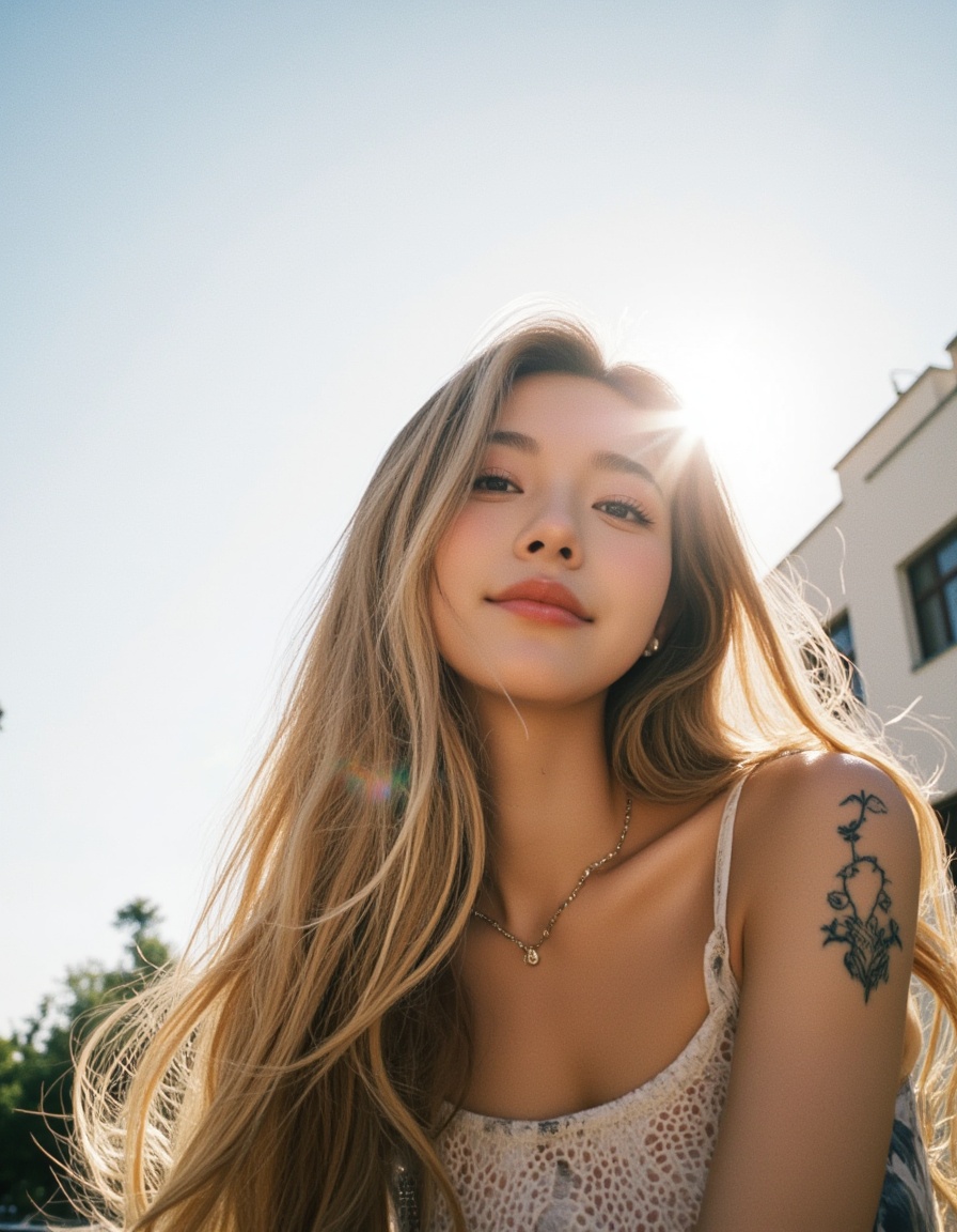 neomj,flashlighting,low-angle,wide shot,Film Photography,a fashion shot,The lighting is bright and sunny,with a warm,natural daylight feel,creating a cheerful and airy atmosphere,A young woman,smile,a cheerful and airy atmosphere,<lora:neomj闪光灯v3_12:1>,