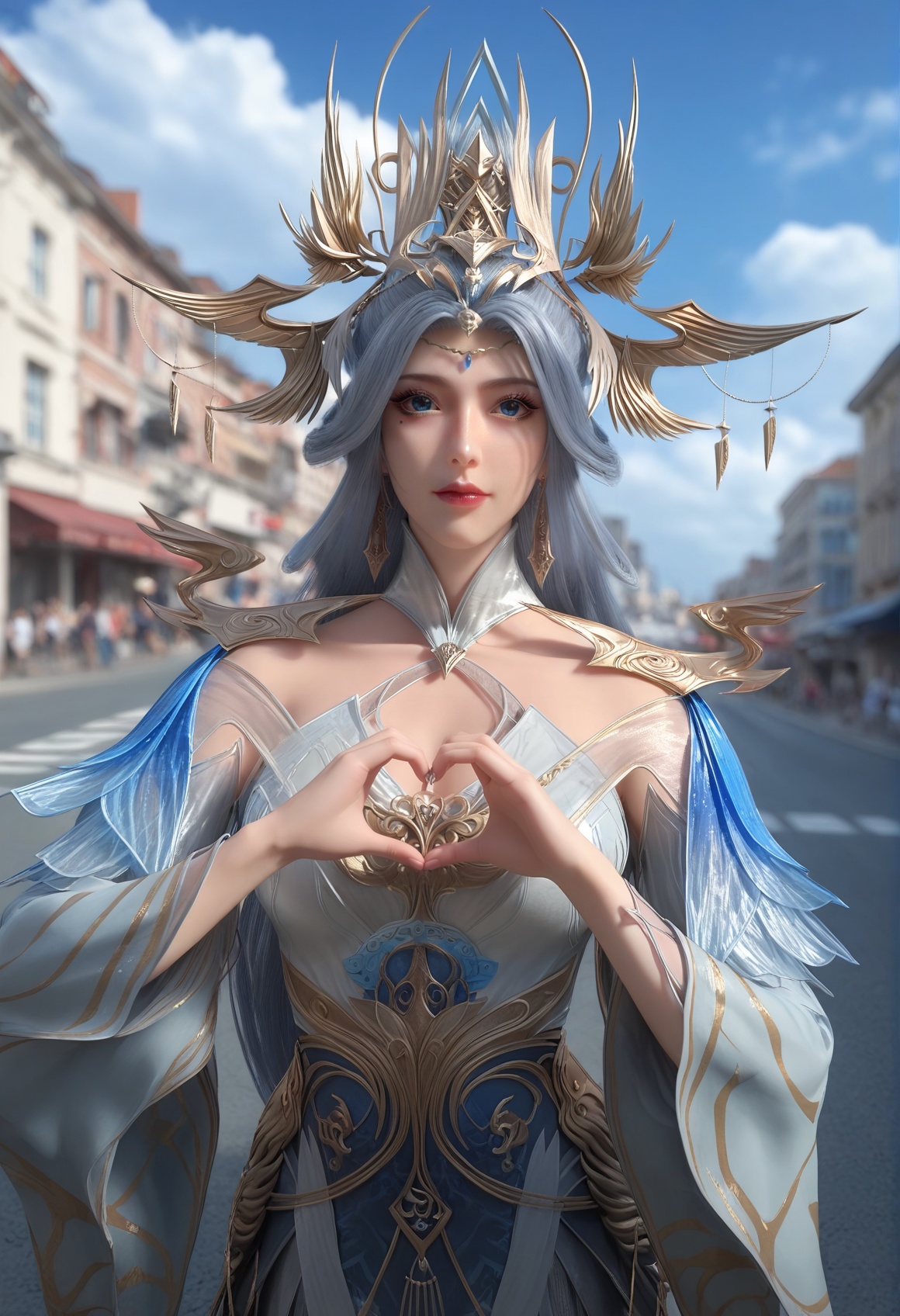 (score_9),<lora:宁雨蝶-apony:0.83>,nyd,(mature_female:1.1),solo,hair ornament,tiara,long hair,hair bun,mole under eye,shoulder guard,high collar,detached collar,detached sleeves,dress,circlet,jewelry,dangle earrings,<lora:perfect eyes_v1:0.8>,blue eyes,front view,<lora:Expressive_H-000001:0.8>,((heart hands)),glamor,collarbone,pointy breasts,puffy breasts,large breasts,outdoors,street,blue sky,blur background,building,city,cloud,cloudy sky,day,depth of field,(white_skin:1.1),(fair_skin:1.1),
