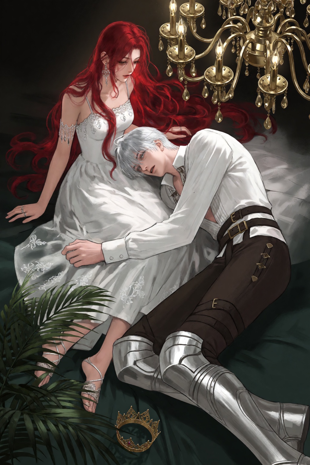 In a high-angle view,  a woman with long red hair wearing a white sleeveless dress sits as a man with white hair in a whit...