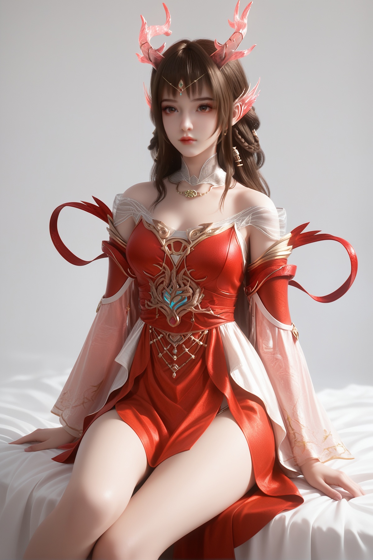 score_9,score_8_up,score_7_up,<lora:wy_yunluo_lz_XL7.0:0.8>,1girl,solo,horns,dress,long hair,brown hair,brown eyes,red dress,simple background,thick_thighs,sitting,bed,wetting,white_background,