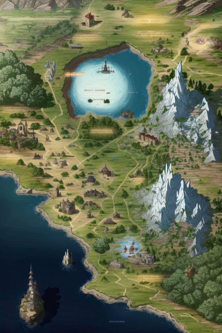 ((HRD, HUD, 8K)),((masterpiece, best quality)), highly detailed,GameMap, tree, no humans, mountain, scenery, water, rock, castle, cliff, english text, outdoors, island, <lora:20240804-1722731669108:0.8>