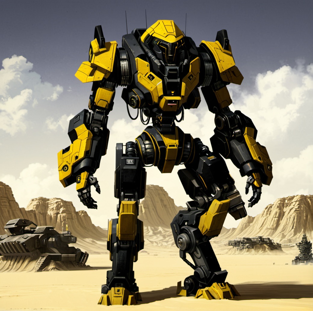 robot, mecha, science fiction, 1boy, standing, helmet, cable, size difference, giant robot, futuristic, mechanical design, desert landscape, human figure, size contrast, advanced technology, science fiction theme, armored, gritty texture, sandy terrain, cloudy sky, yellow and black color scheme, digital art, concept art, industrial elements, heavy machinery, outdoor setting ,<lora:机甲-000002:0.6>