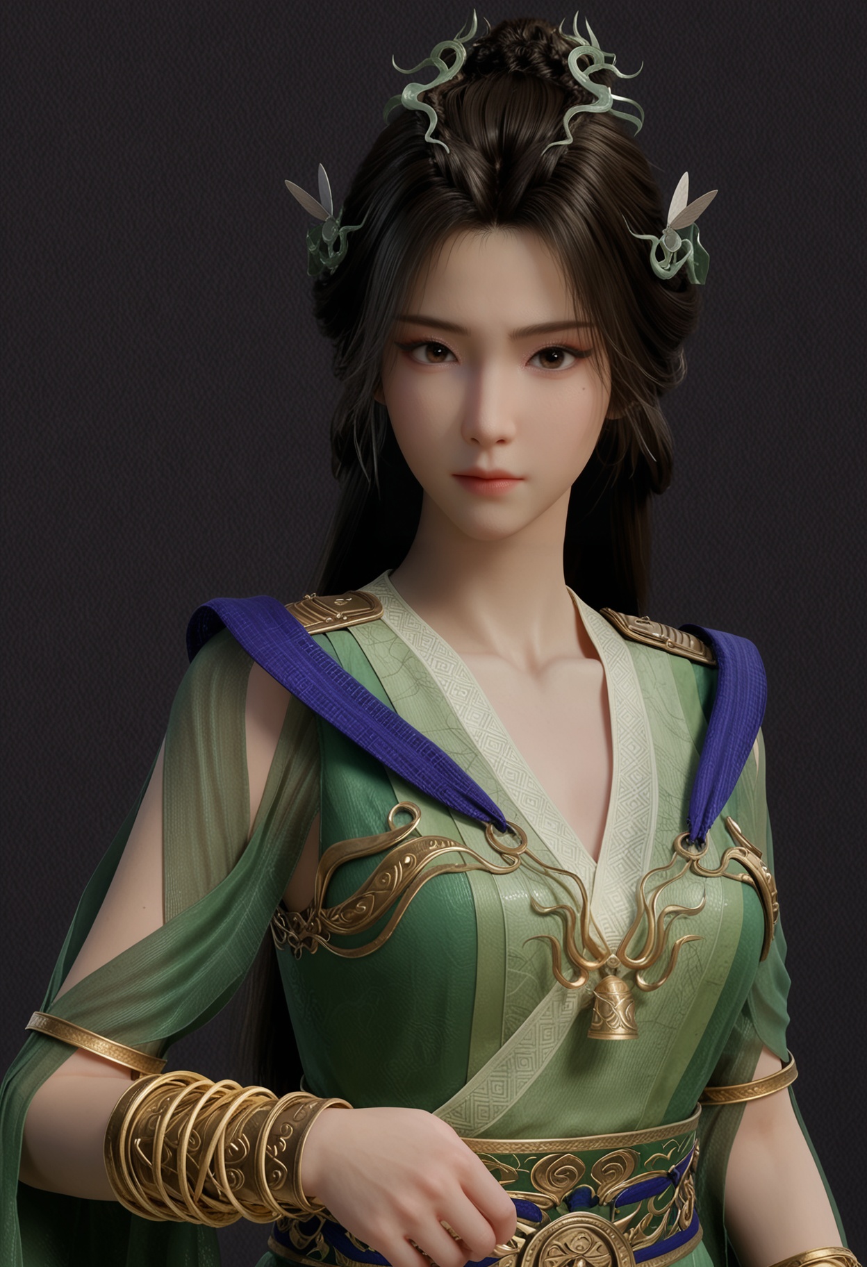 score_9,looking_at_viewer,upper body,(large breasts:0.8),hanyunzhi,1girl,solo,black hair,long hair,hair ornament,green dress,realistic,dress,closed mouth,jewelry,bracelet,chinese clothes,sash,brown eyes,hair bun,boots,(simple background,pure black background,black background:1.1),perfect_anatomy,<lora:QQSponyhanyunzhiV1:0.8>,