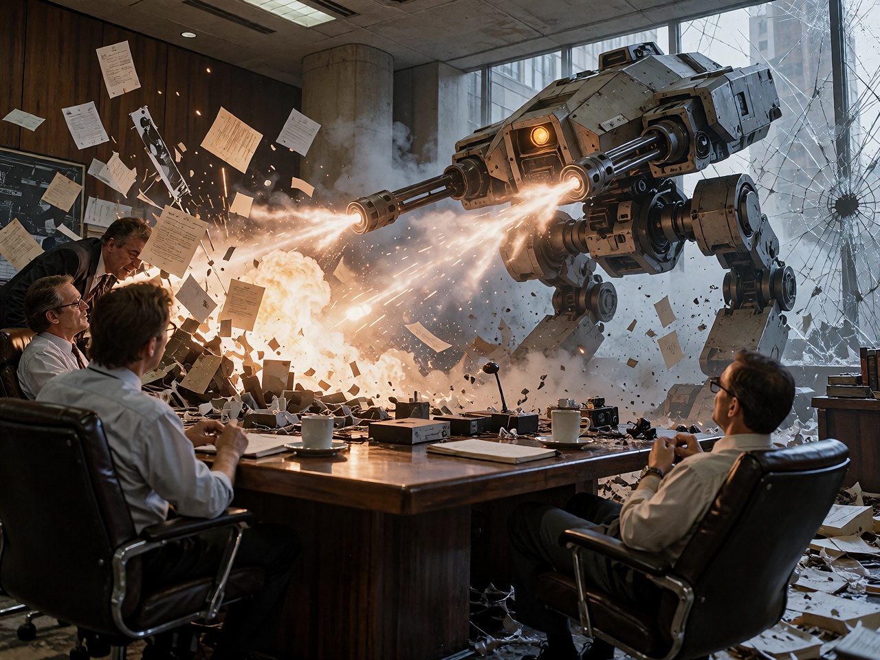 The iconic ED-209 combat robot inside a luxurious 1980s corporate boardroom,  both rotary cannons unleashing a deafening b...